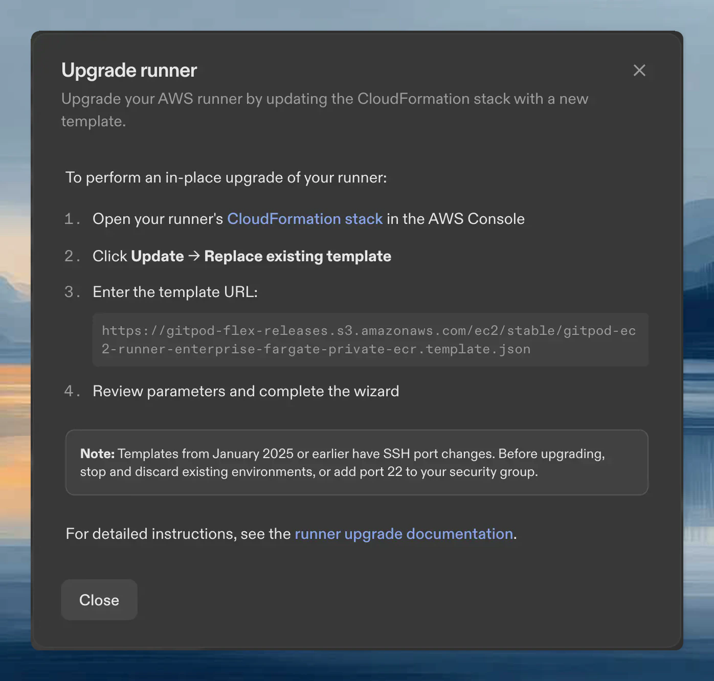 Upgrade runner dialog showing CloudFormation stack update instructions and template URL