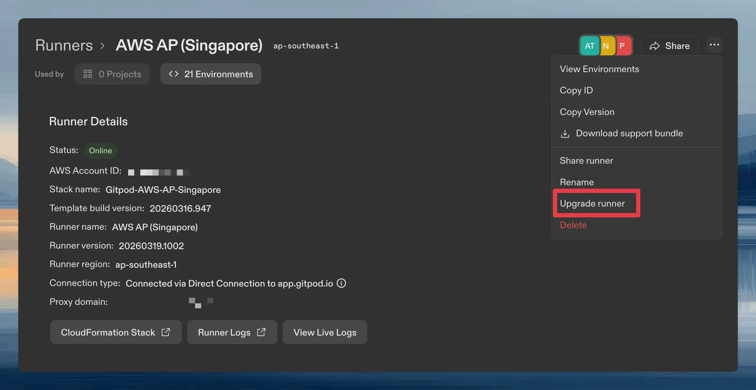 Runner details page showing the Upgrade runner option in the three-dot menu