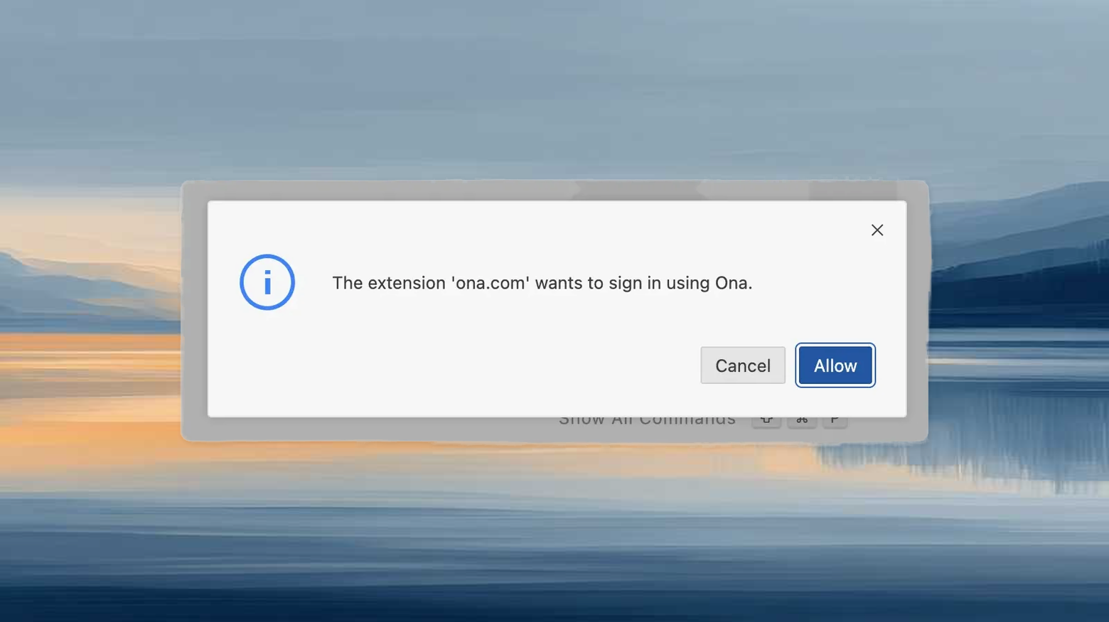 VS Code dialog prompting to allow sign-in to Ona