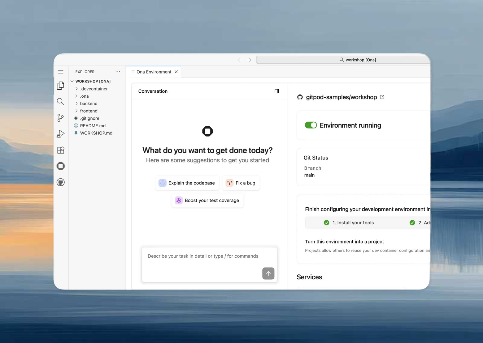VS Code environment details panel showing status, branch, and logs