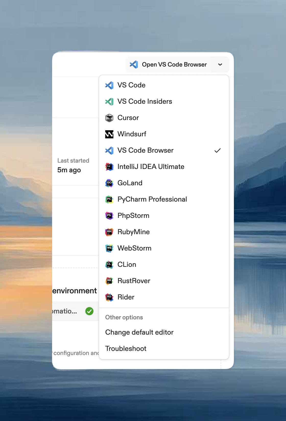 Environment action bar showing Open in VS Code Browser option