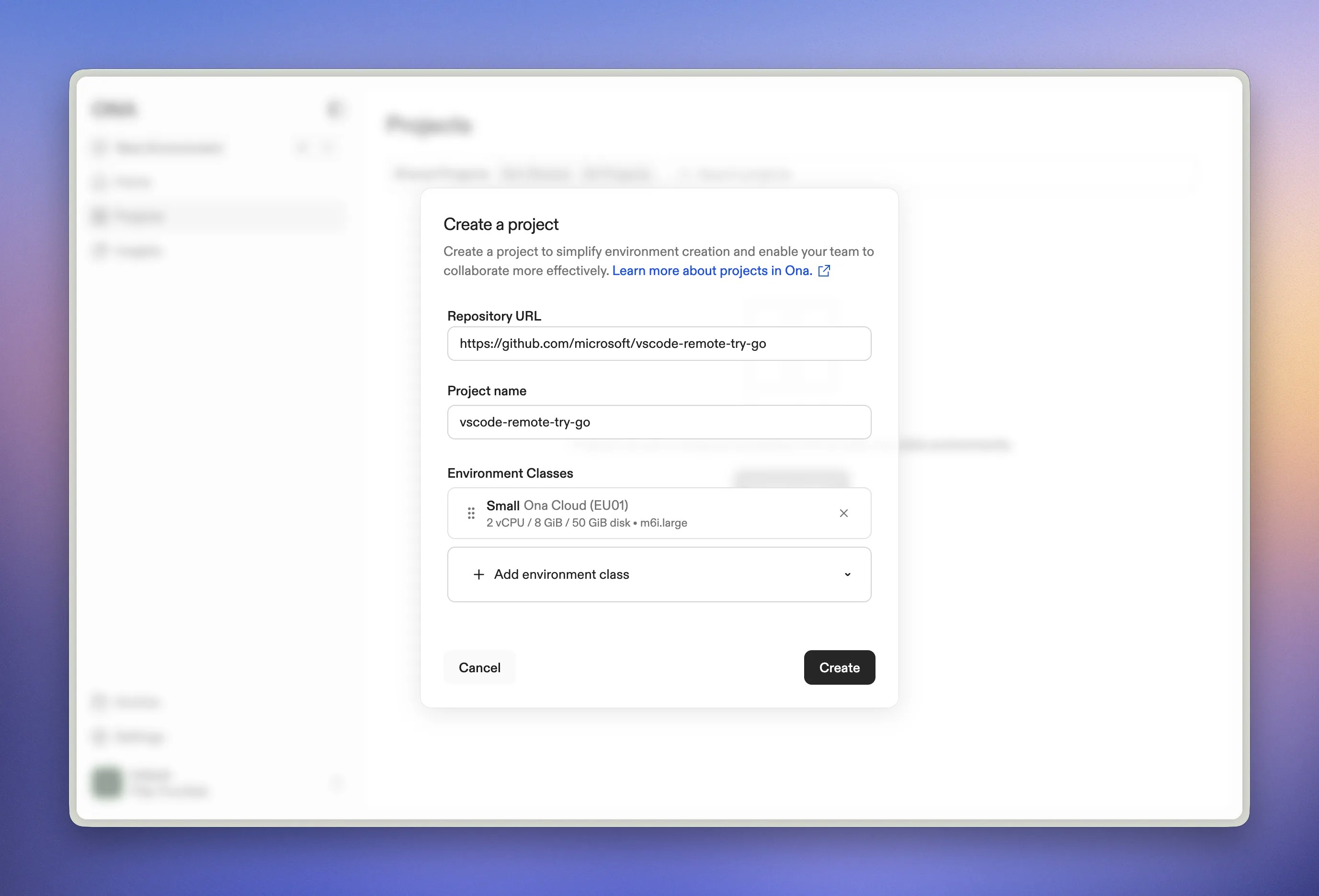 Project creation screen with repository URL, name and environment class list as inputs