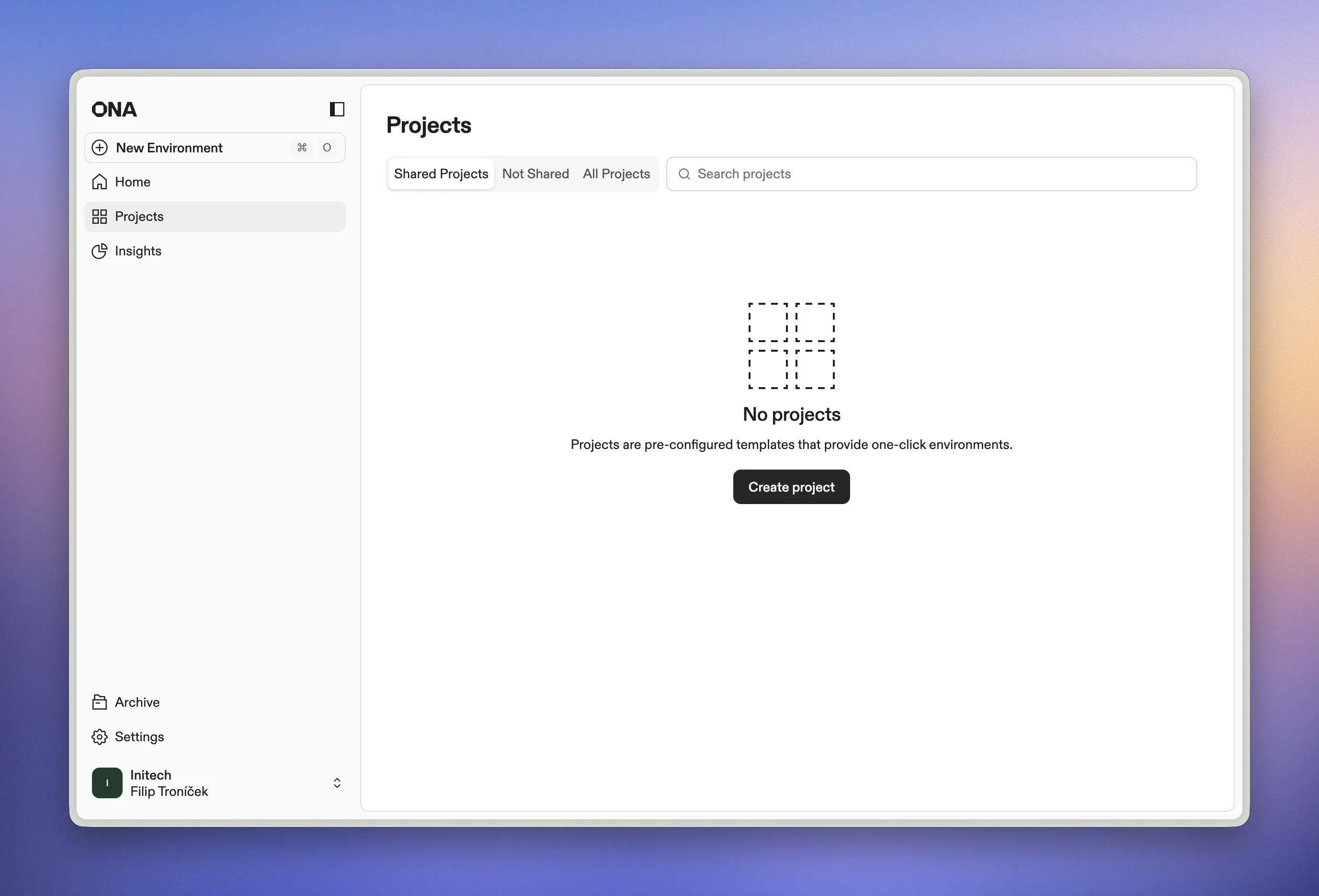 No projects screen showing a Create project button
