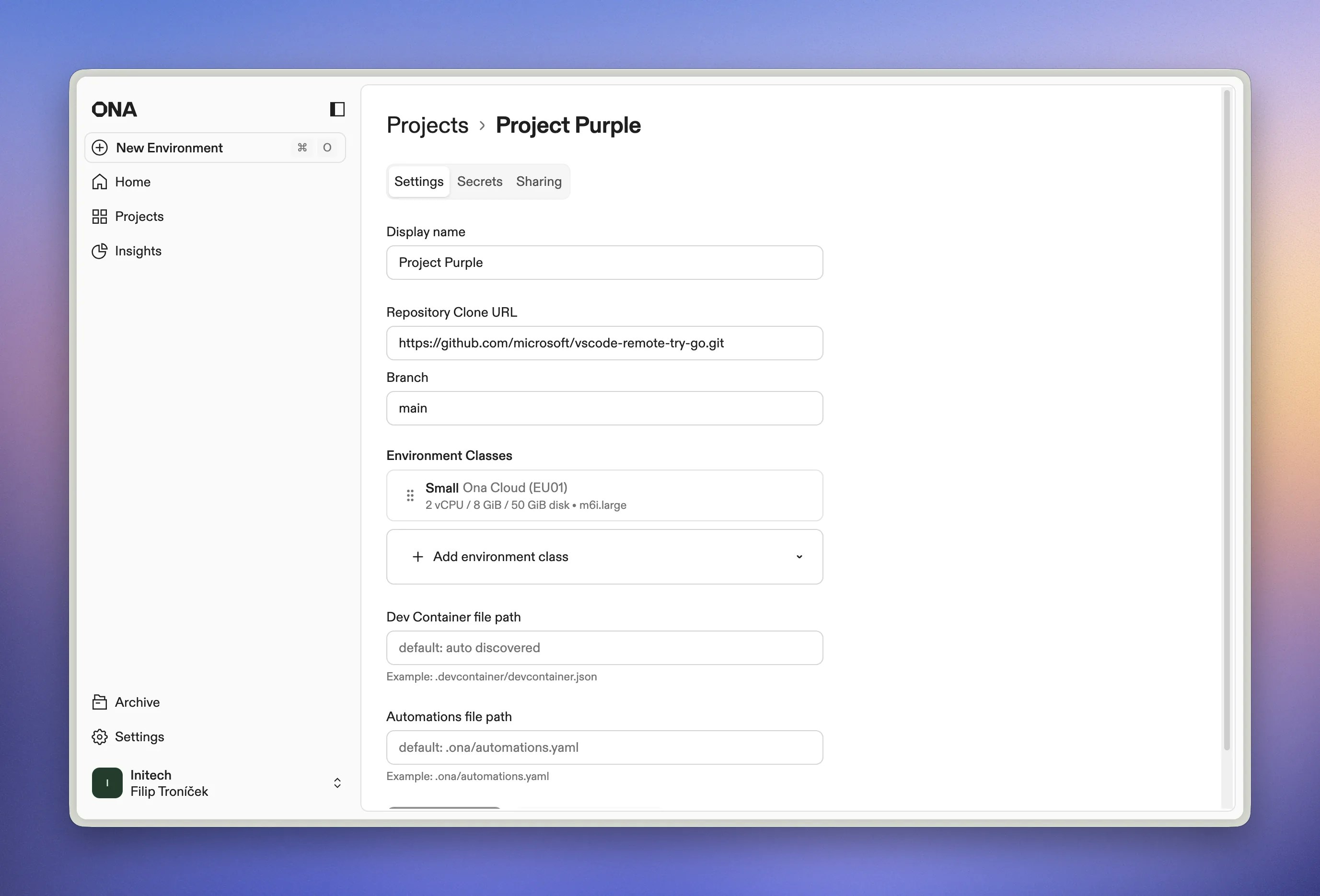 Project configuration screen with environment class selection