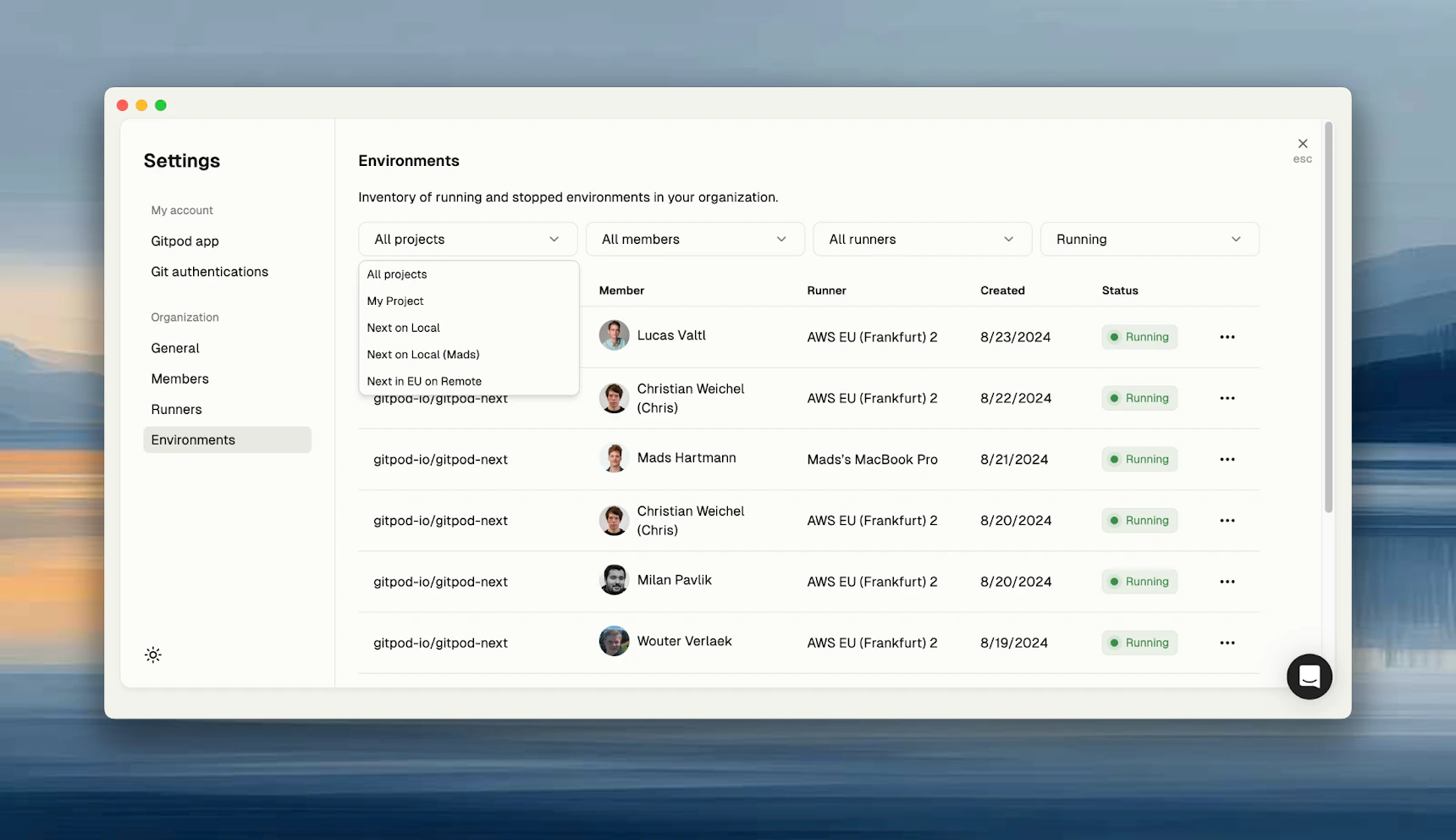 Environment inventory table showing all environments with owner, project, runner, and status columns