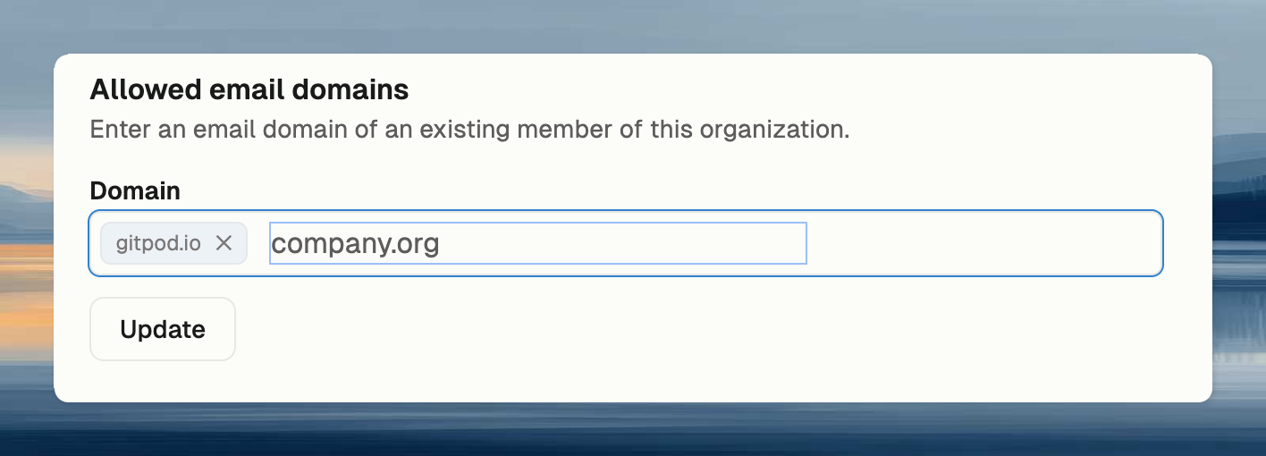 Allowed email domains input field with example domain typed in