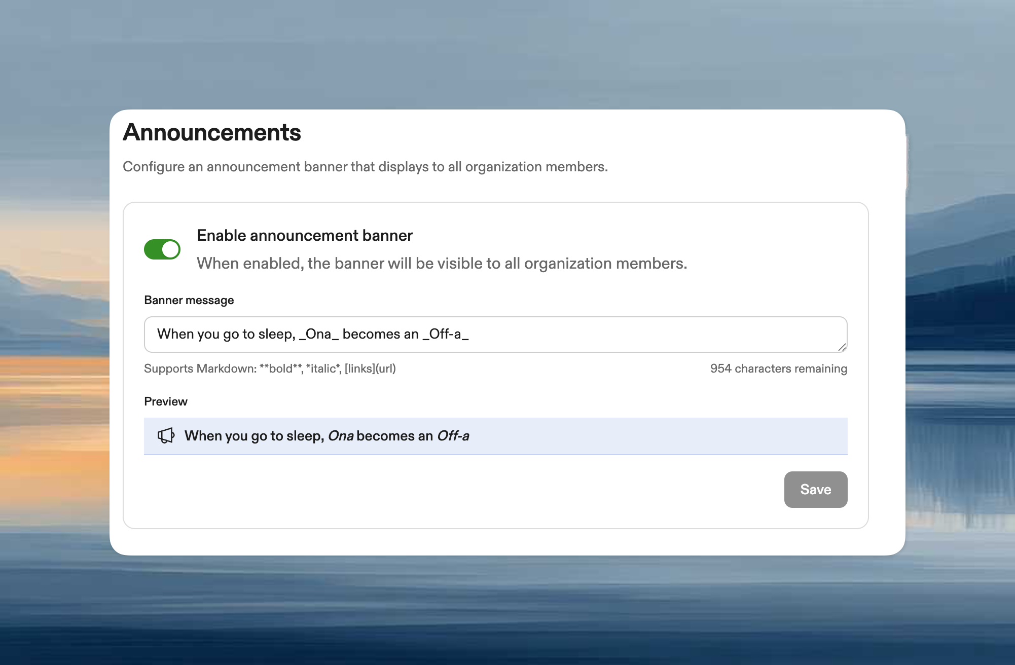 Banner message editor showing Markdown syntax and live preview