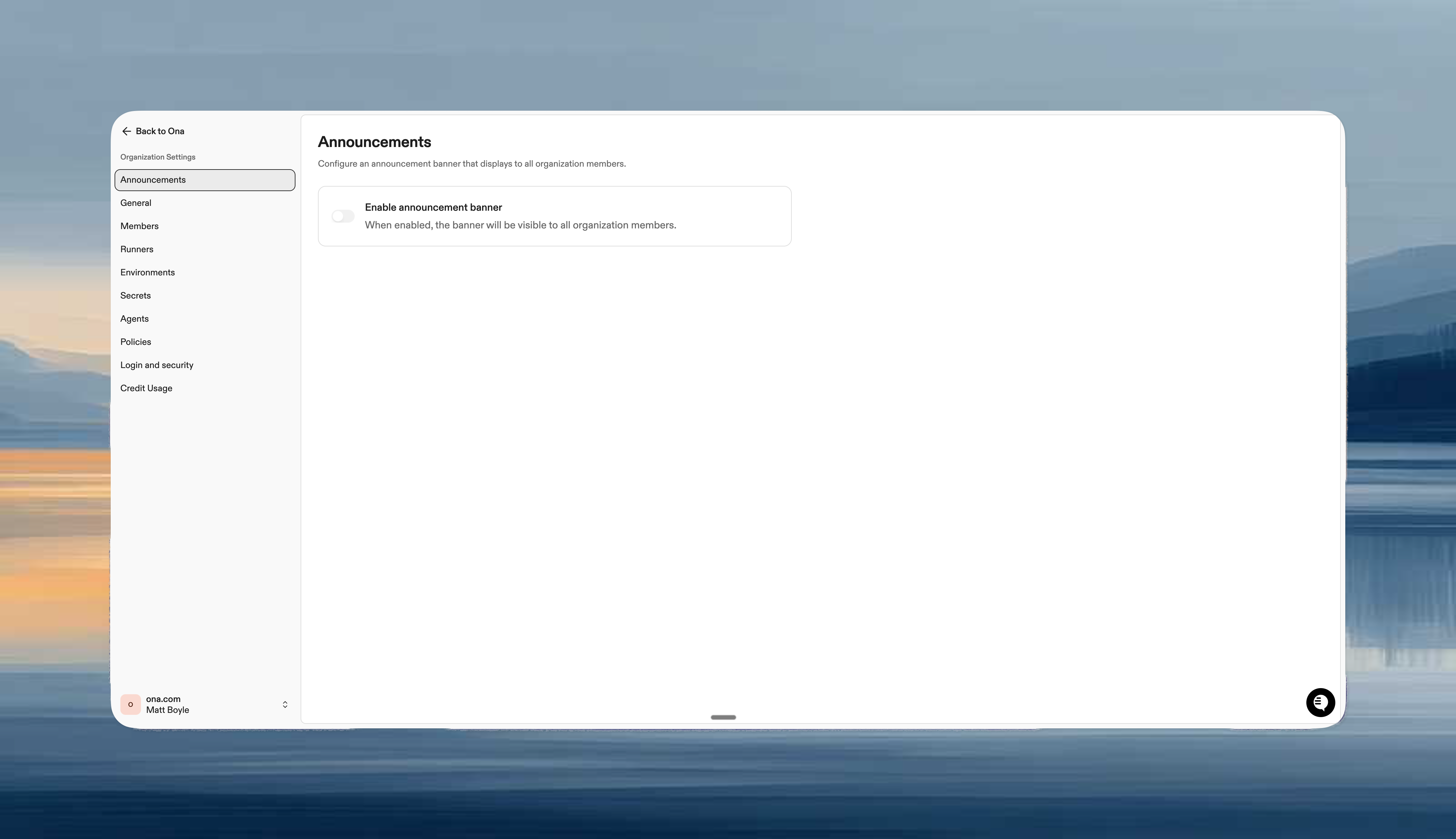 Announcement banner configuration page showing the enable toggle