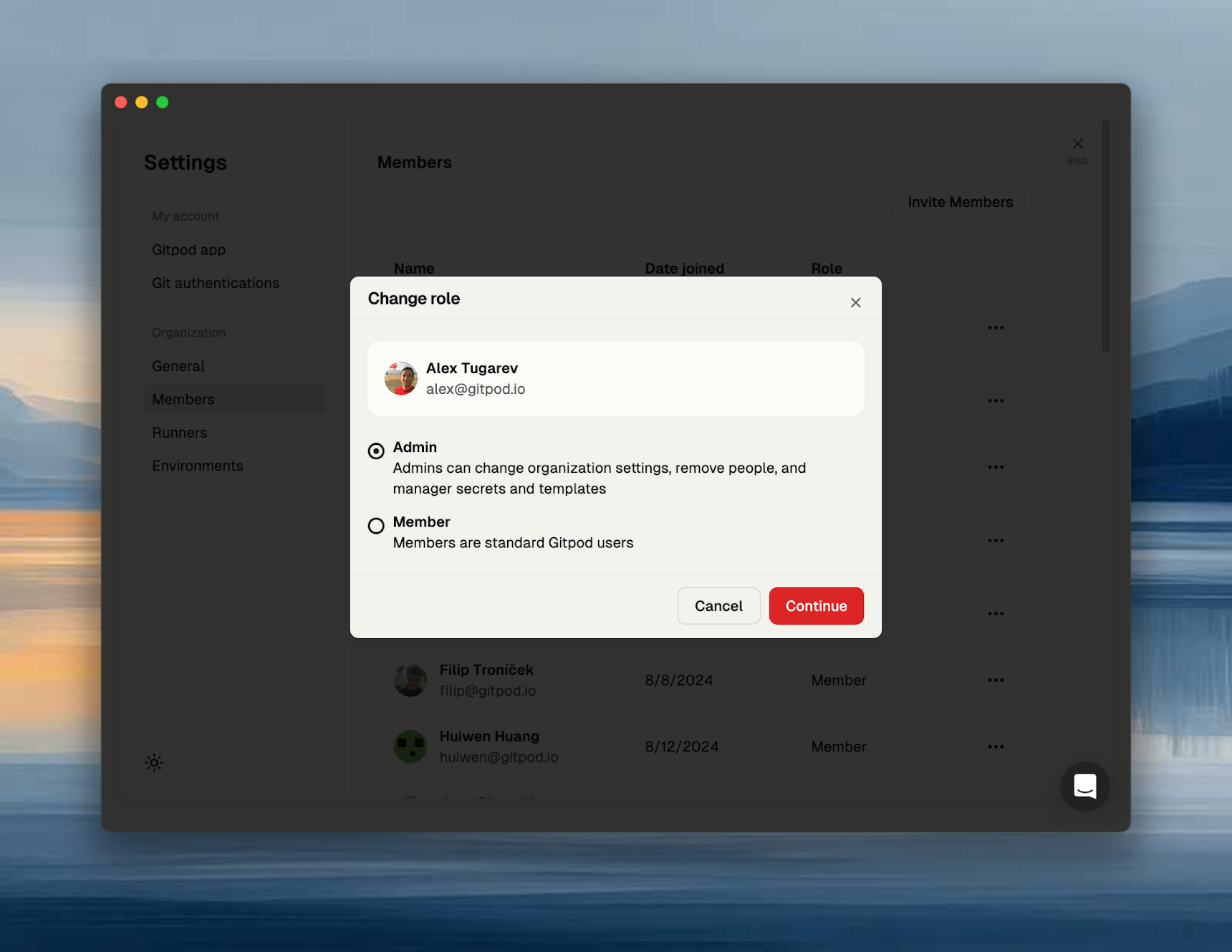 Role selection dialog showing Admin and Member options