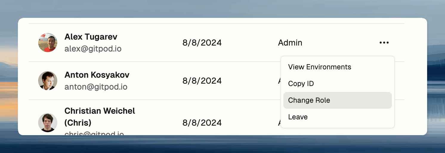 Member dropdown with Change Role option highlighted