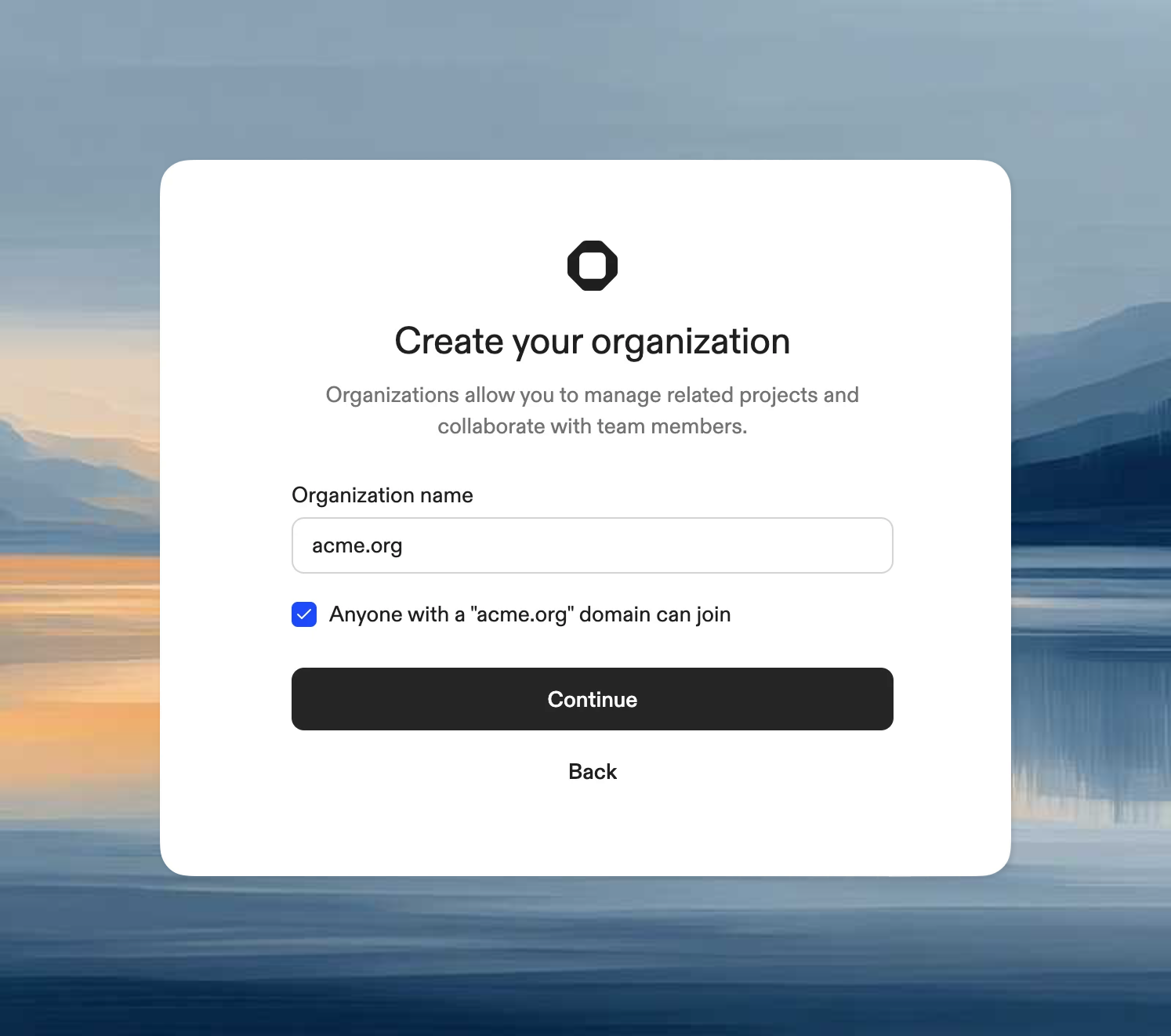 Organization creation form with name field and domain join option