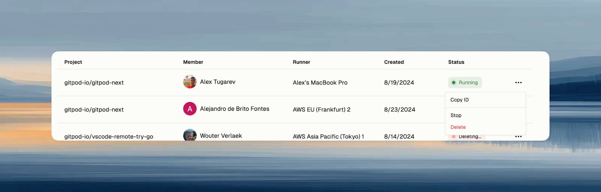 Environment dropdown menu showing Stop and Delete options