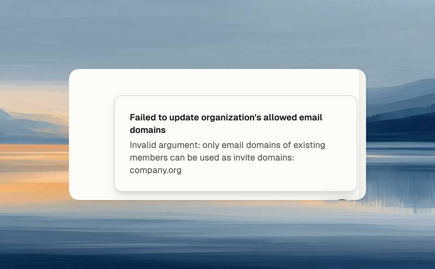 Error message indicating the domain is not used by any existing members