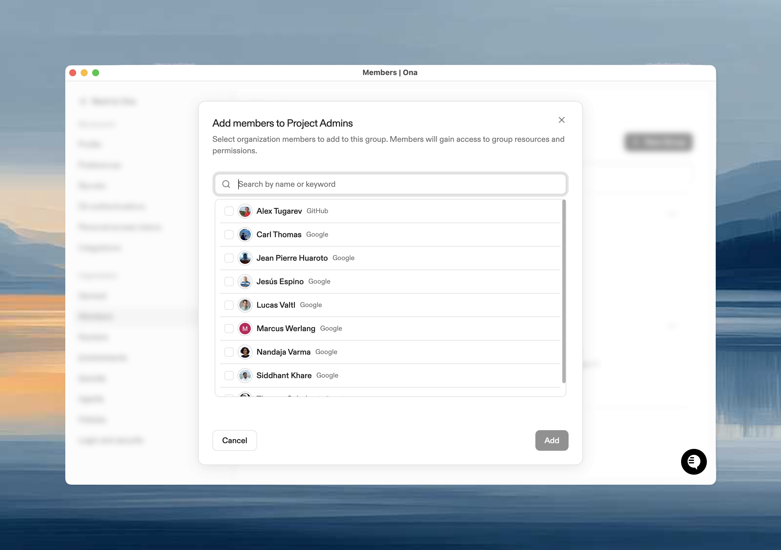 Add People dialog showing member search and selection interface