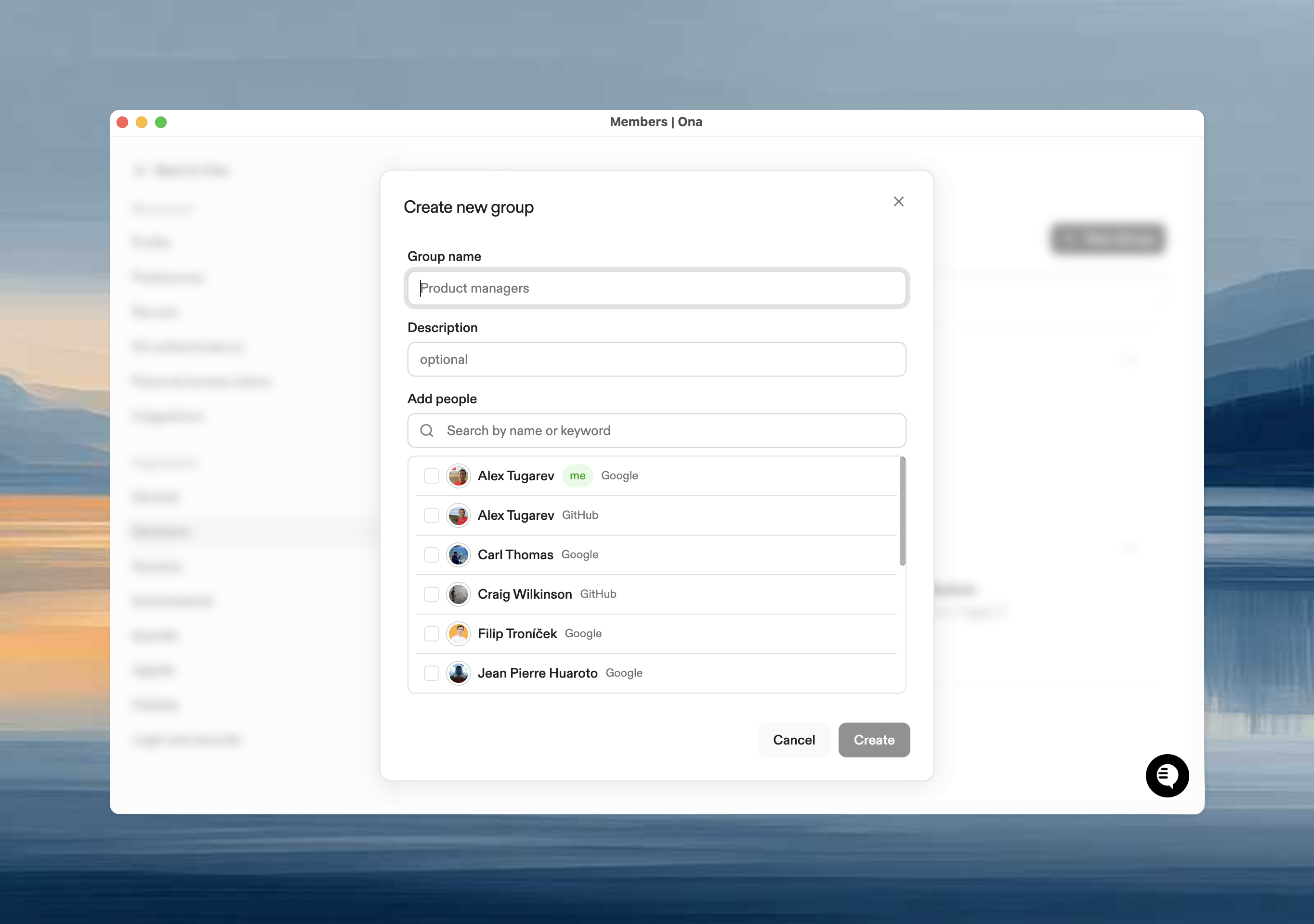 New group creation dialog with name, description, and member selection fields