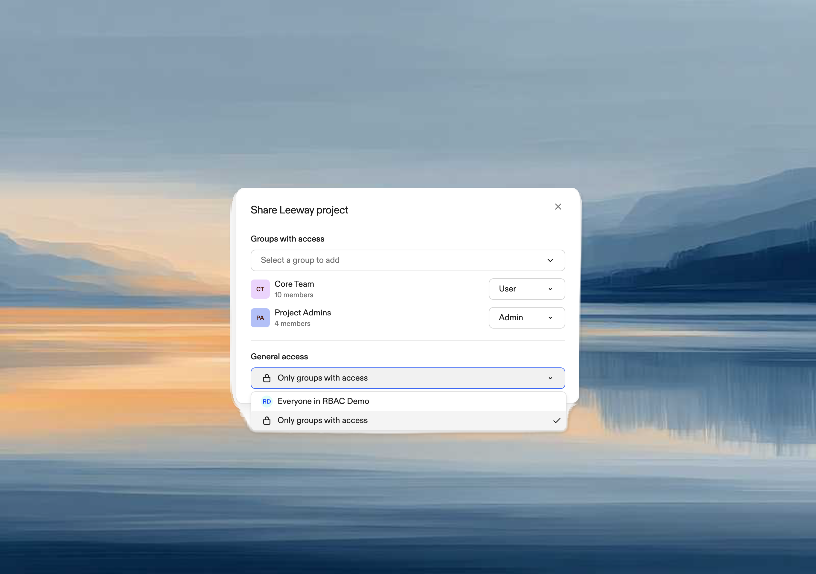 Dropdown menu showing group sharing options including specific groups selection