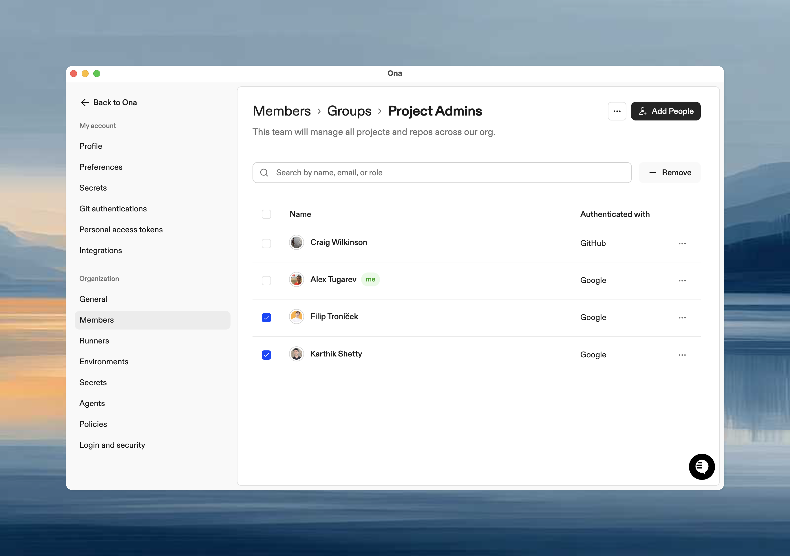 Group details page showing member list with selection checkboxes