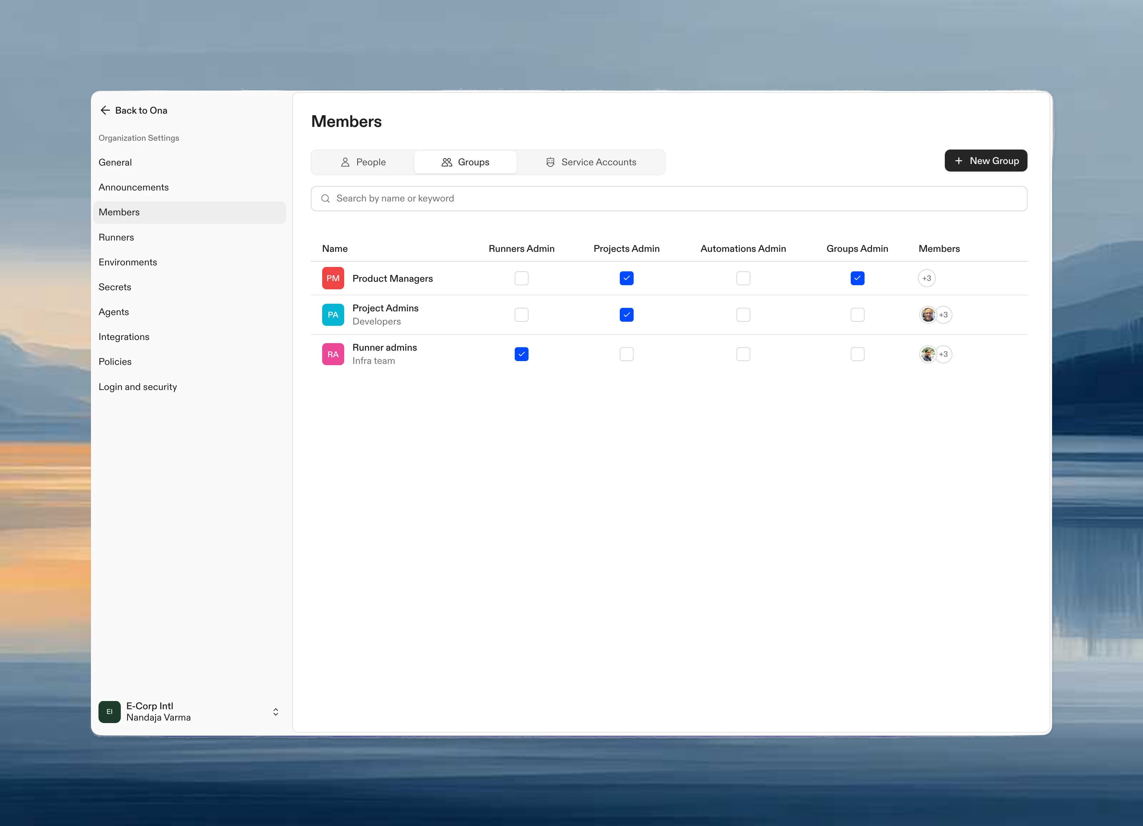 Groups table showing role checkbox columns for Runners Admin, Projects Admin, Groups Admin, and Automations Admin