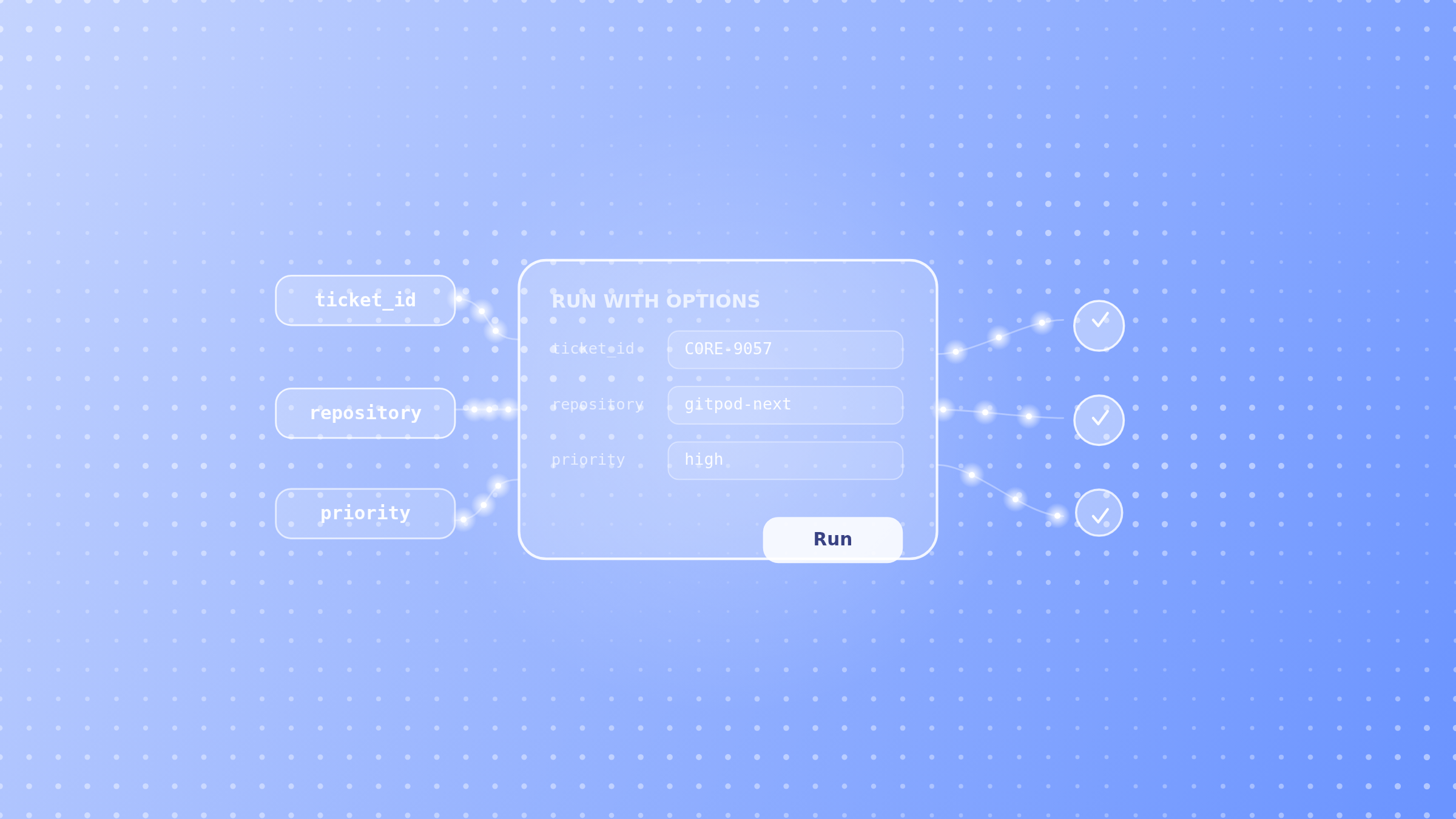 Automation parameters flowing into a Run with options form and completed runs