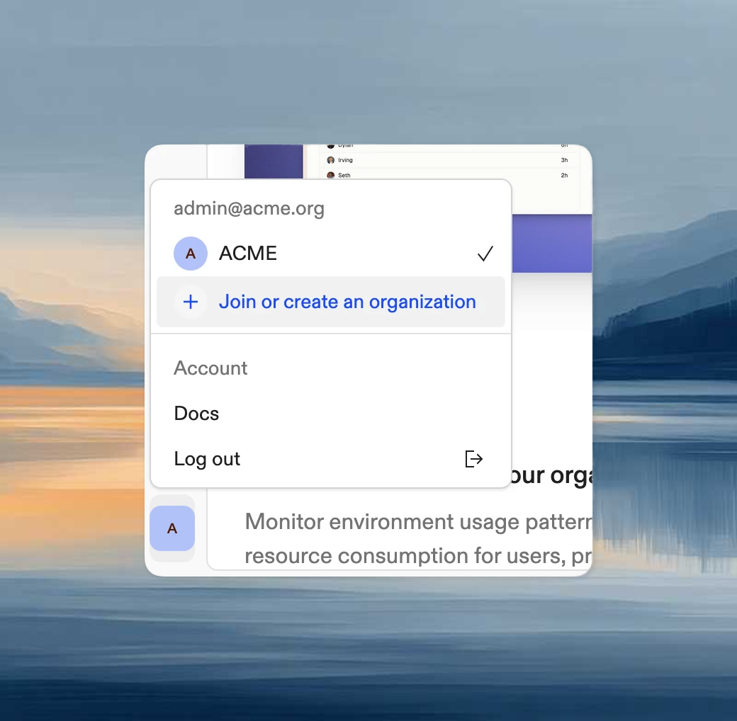 Account dropdown menu showing Join or create organization option