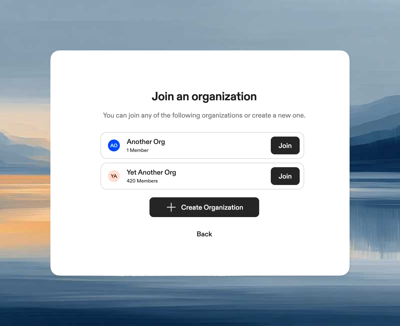 Organization selection page showing available organizations to join