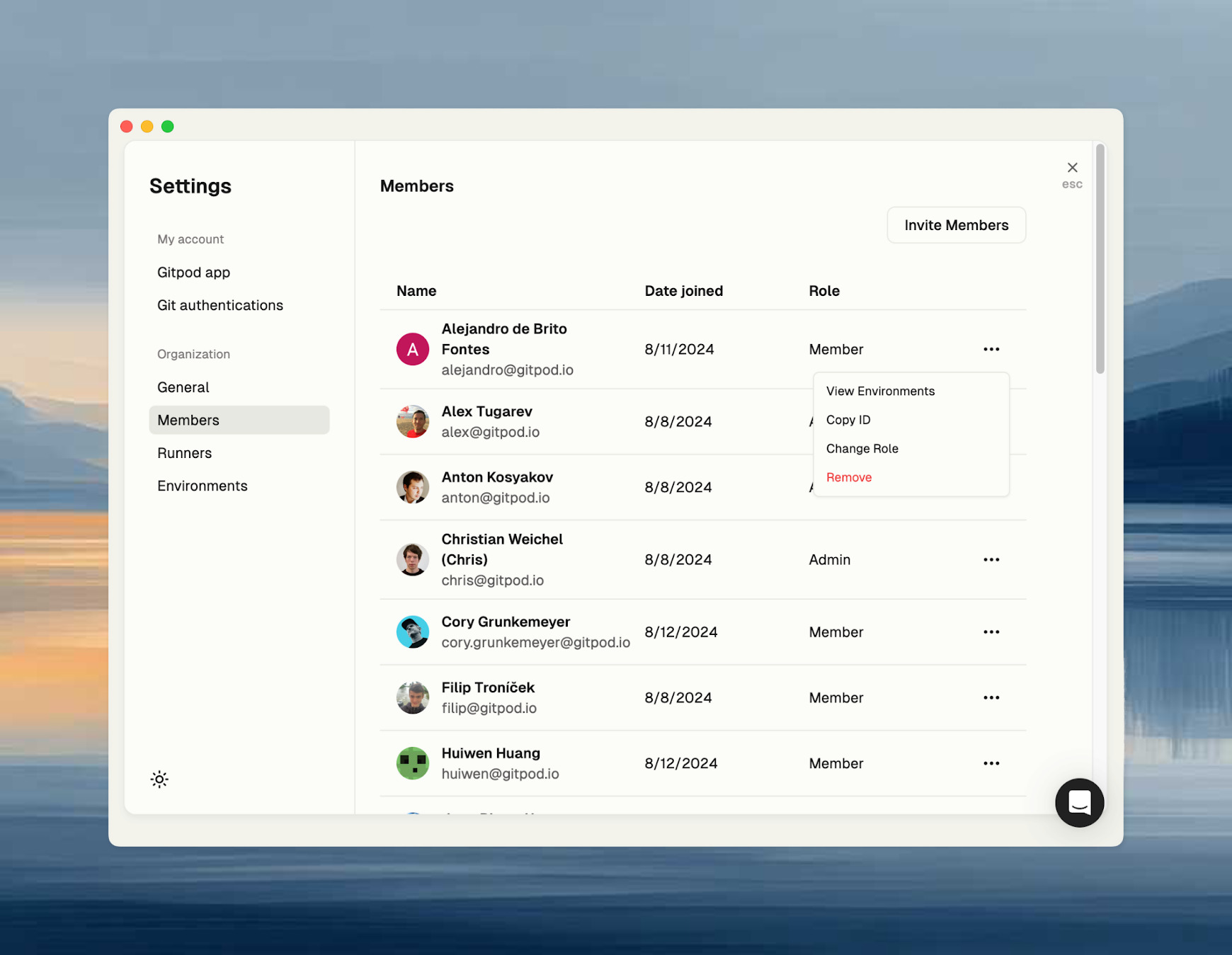 Members list with dropdown menu showing role and management options