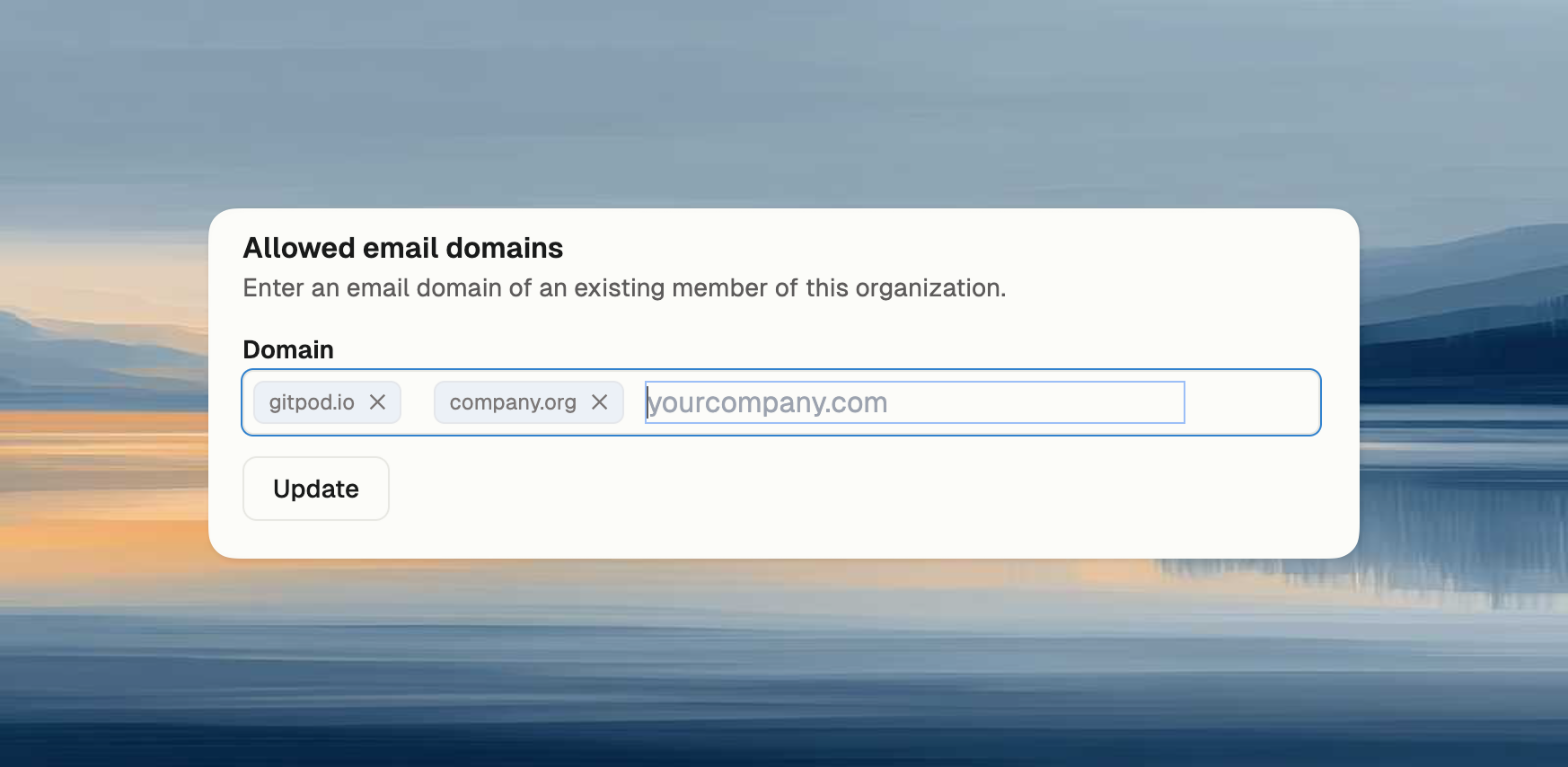 Email domain shown as a removable tag after being added