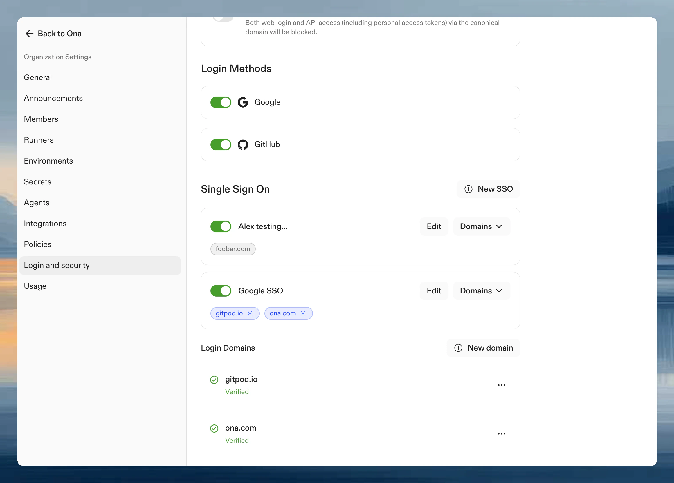 Organization login and security settings showing login methods, SSO providers, and verified domains