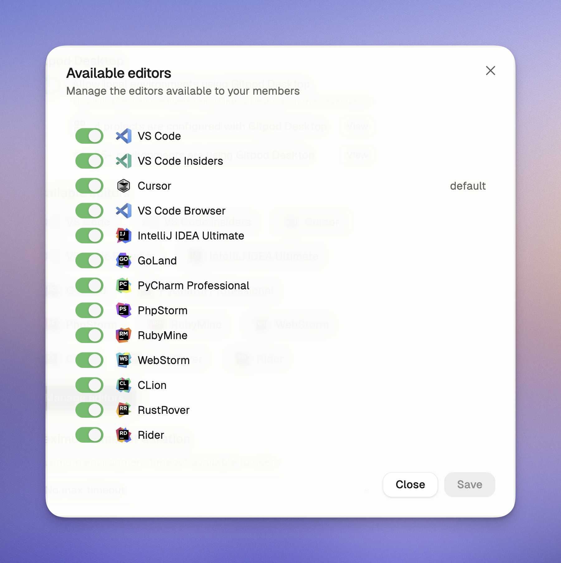 You can toggle the editors you want to limit your organization from using and choose an org default