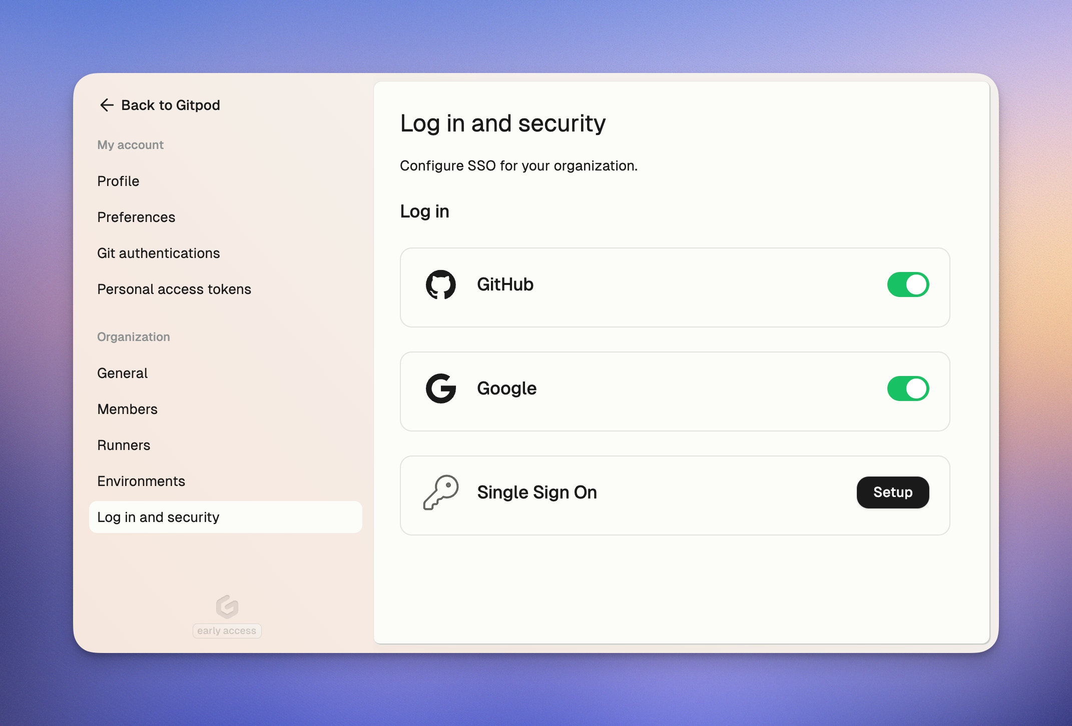 Log in and security
