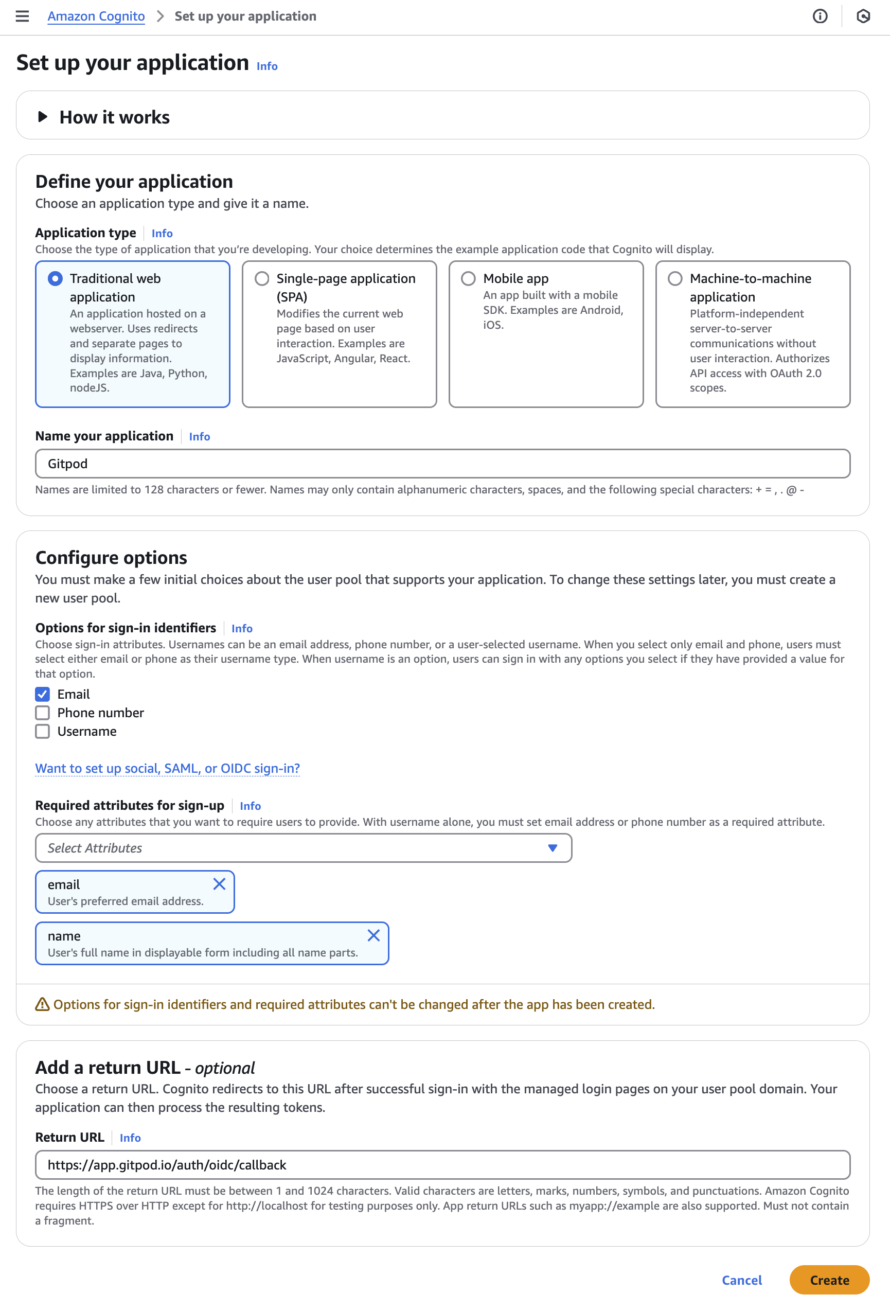 Amazon Cognito - New Application