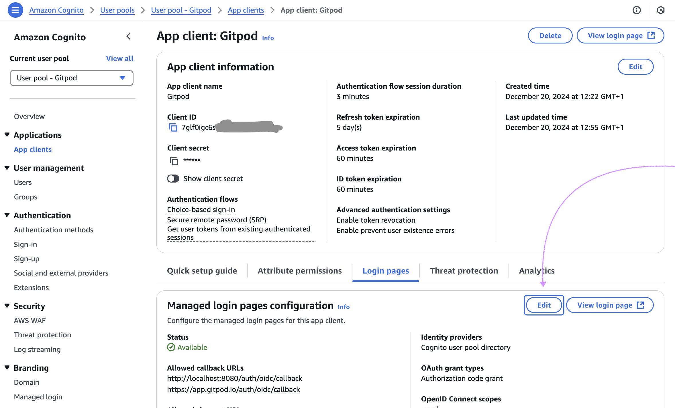 Amazon Cognito - Edit Scopes