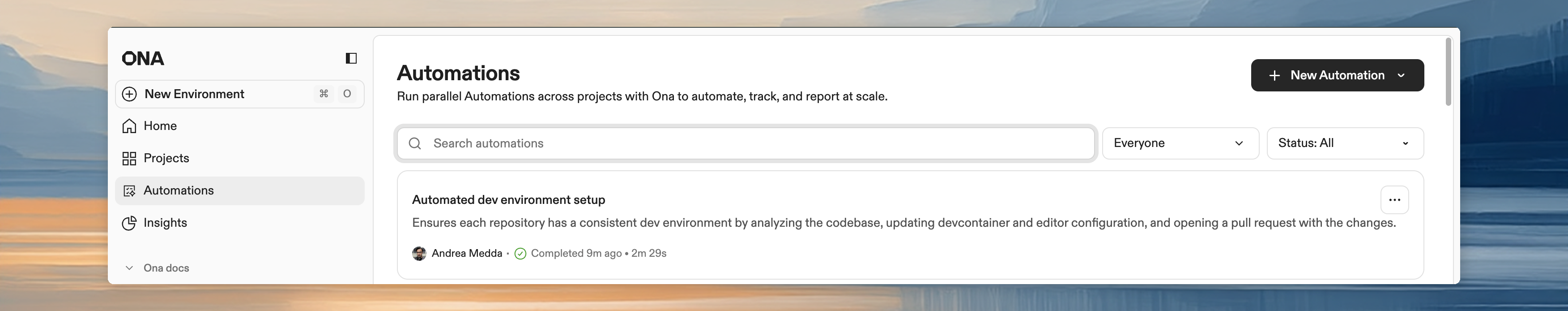 Automations page with New Automation button