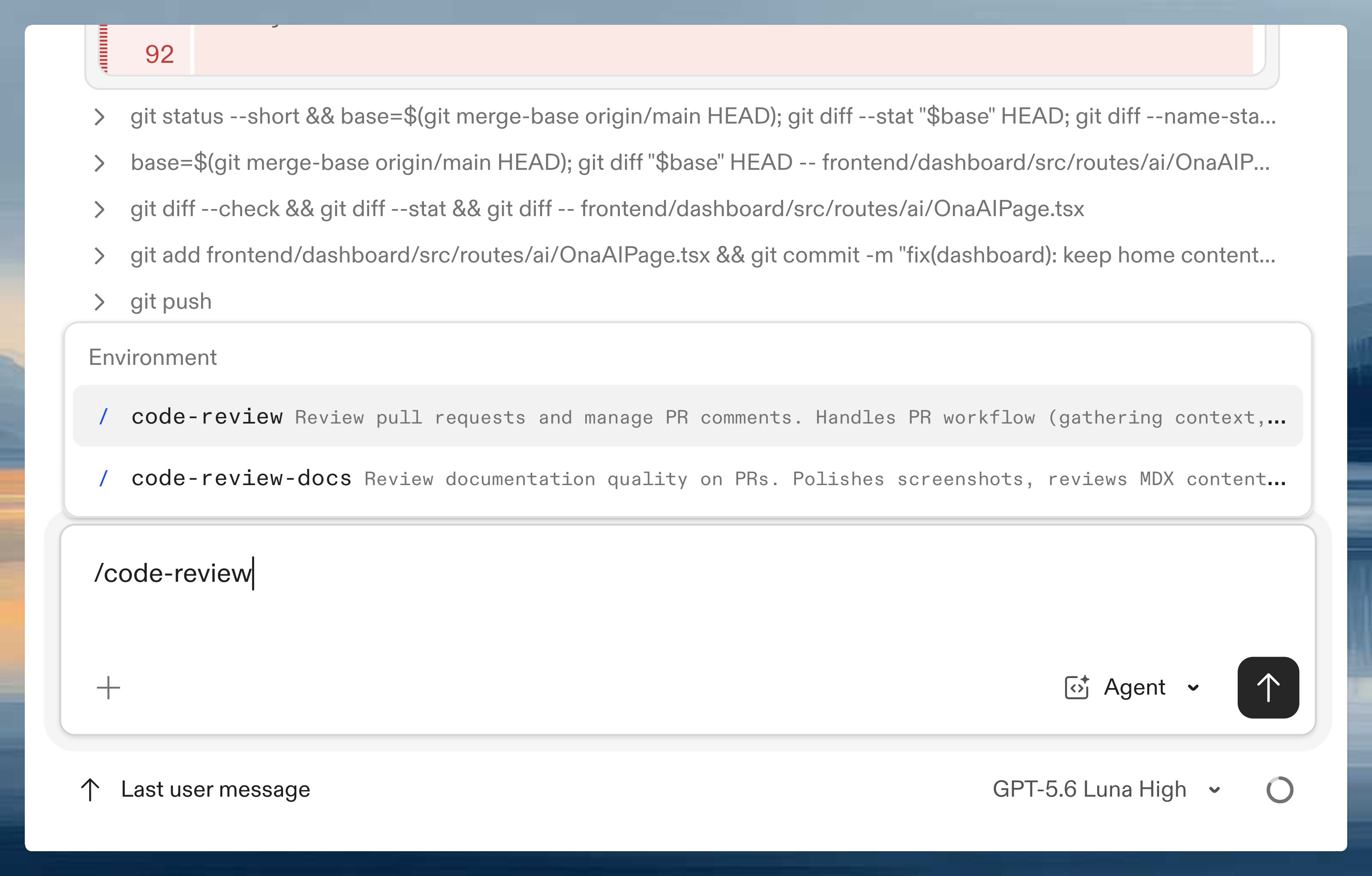 Slash command menu showing available skills while the user types /code-review