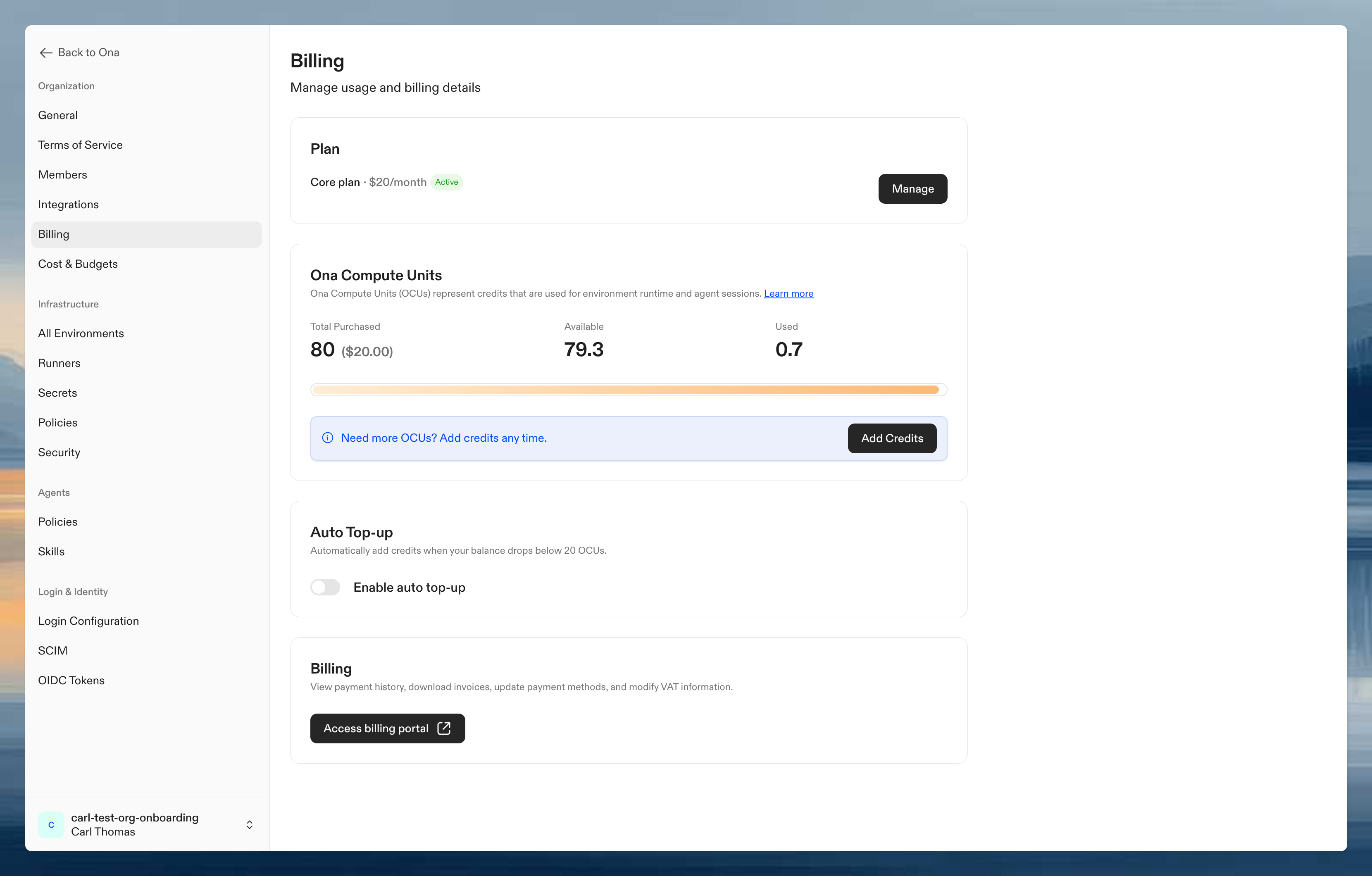 Ona billing settings page showing subscription status, payment method, and credit balance