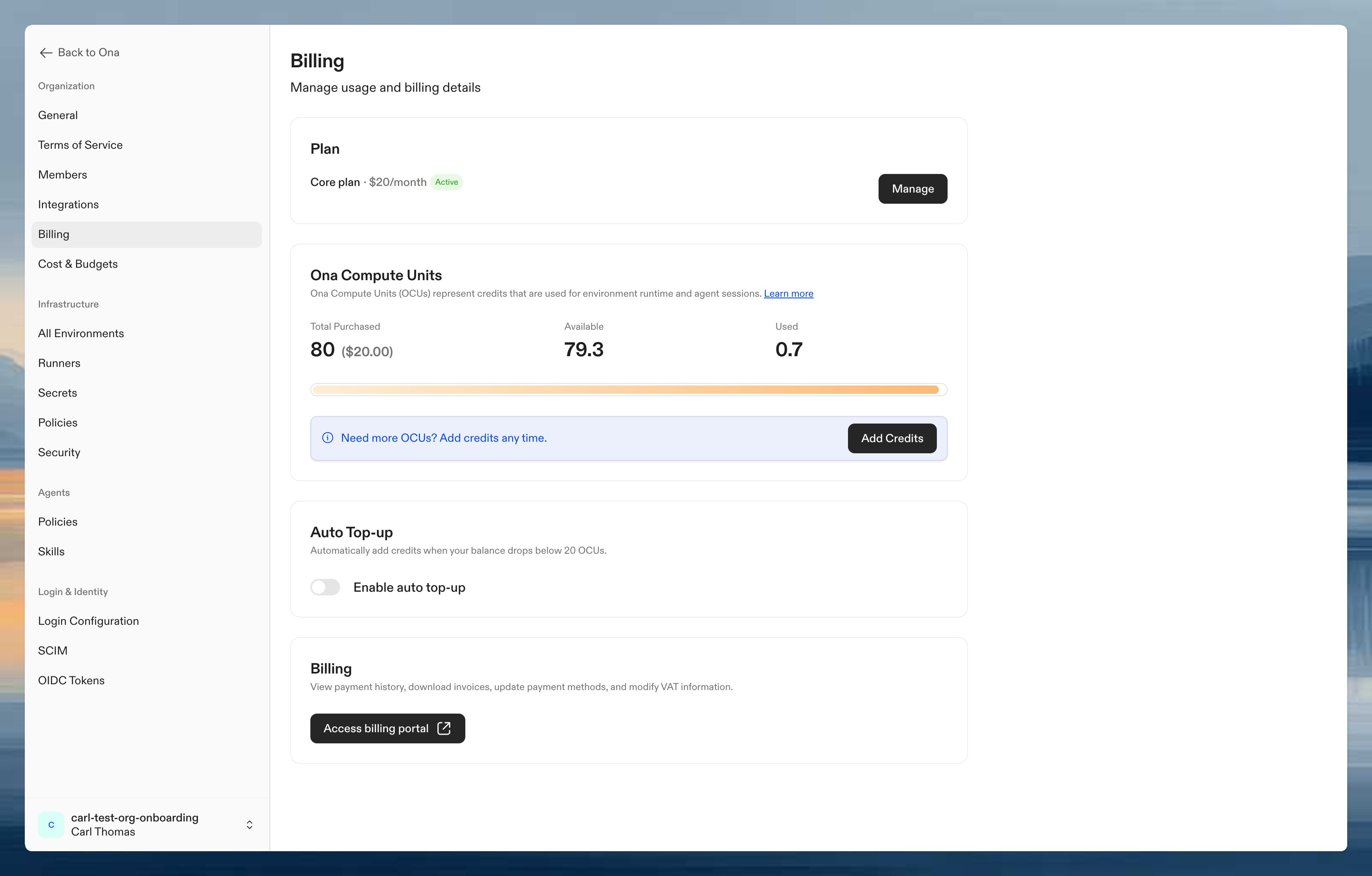 Ona billing settings page showing subscription status, payment method, and credit balance