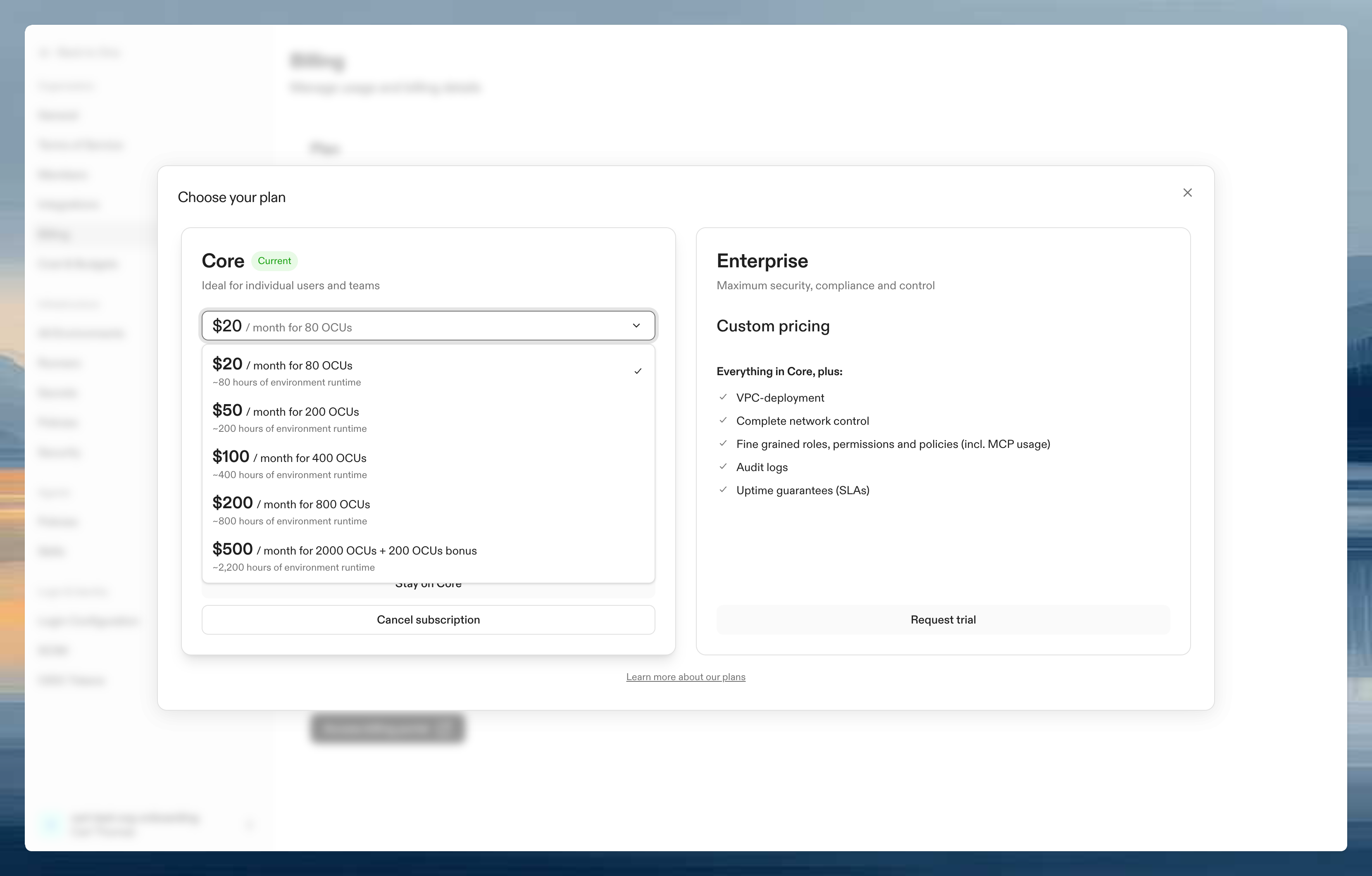 Plan selection interface showing different monthly credit allocation options for Core subscription