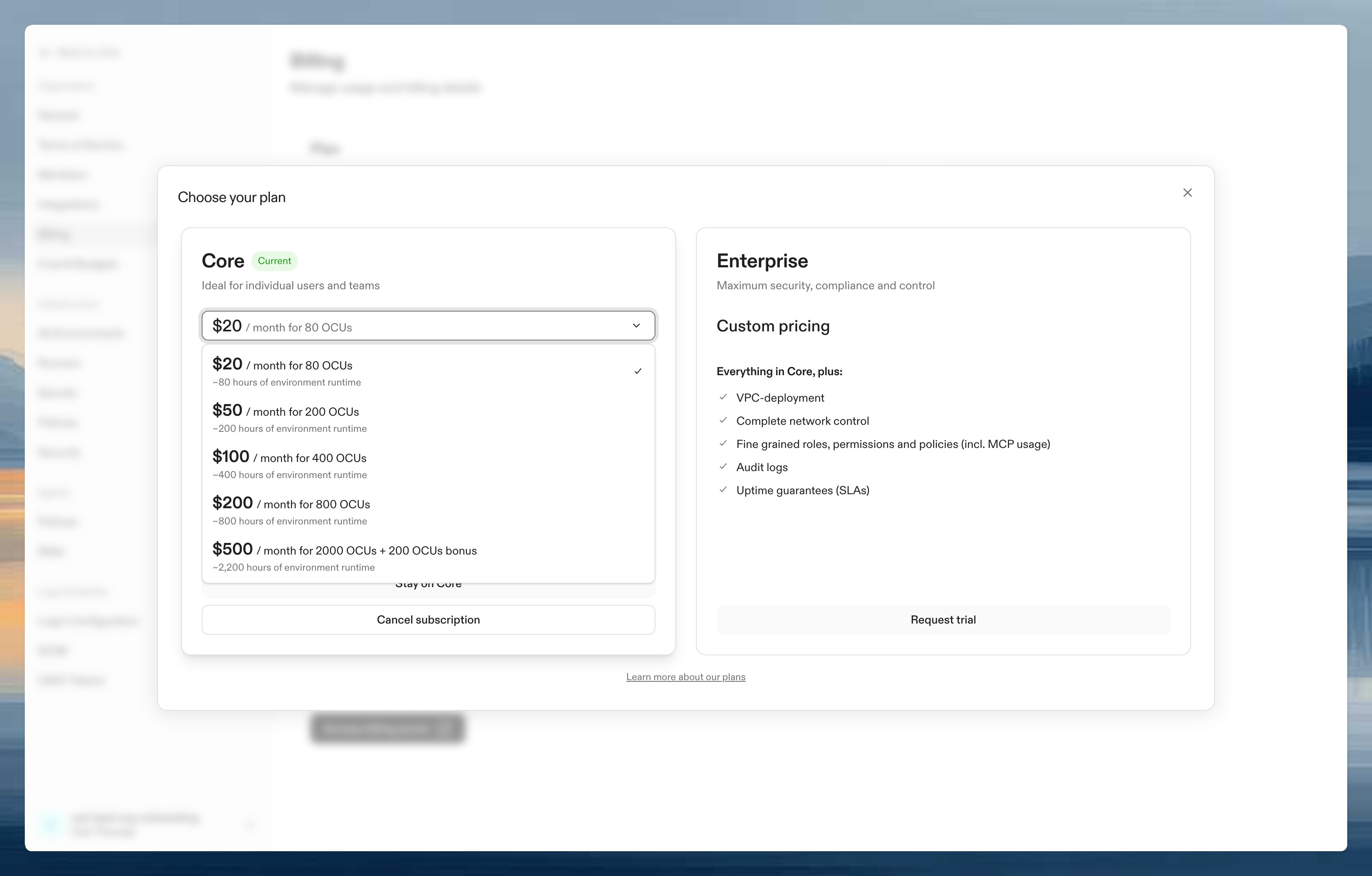 Plan selection interface showing different monthly credit allocation options for Core subscription