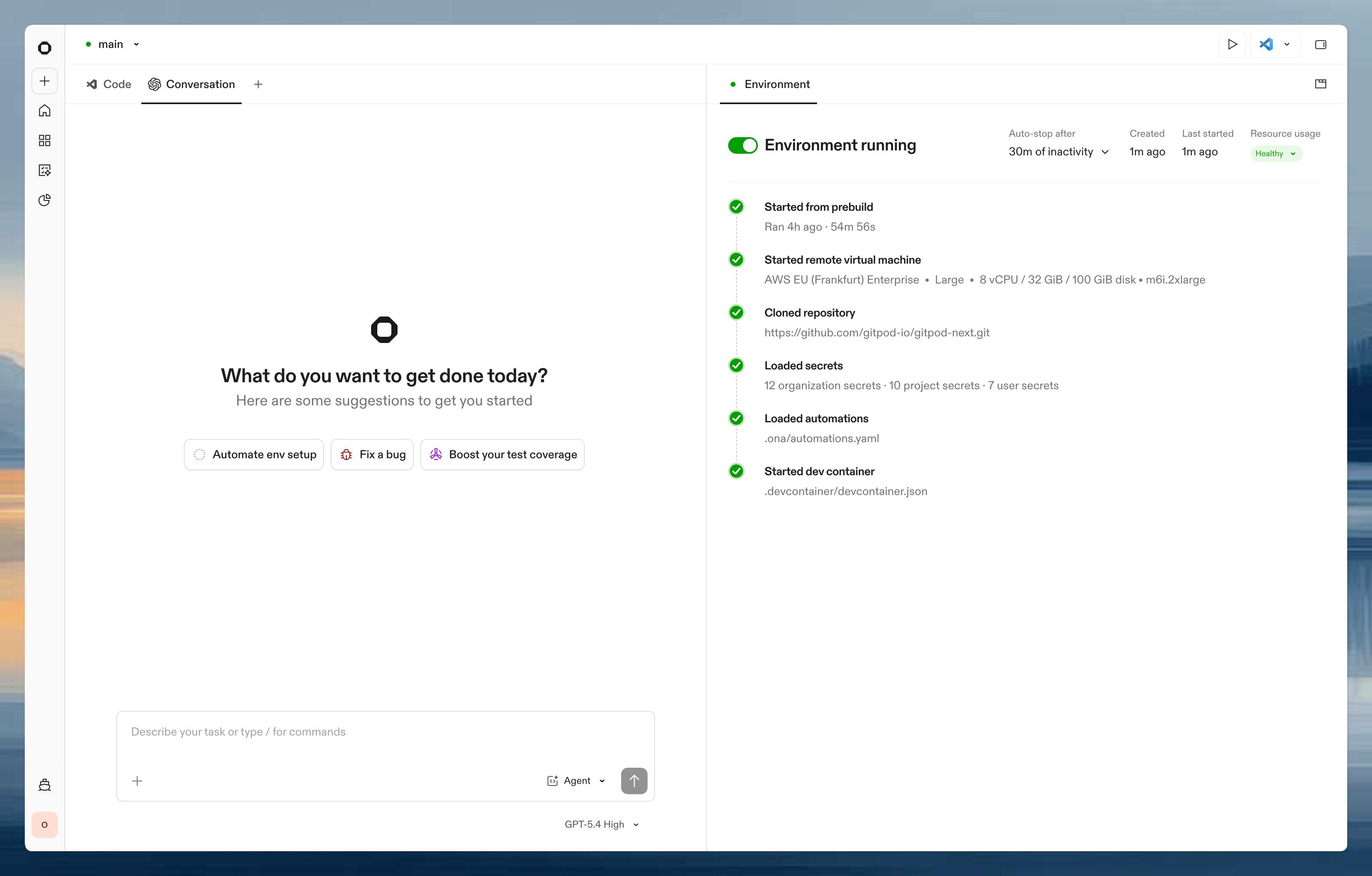 Ona environment view showing a running environment with the conversation pane and environment details
