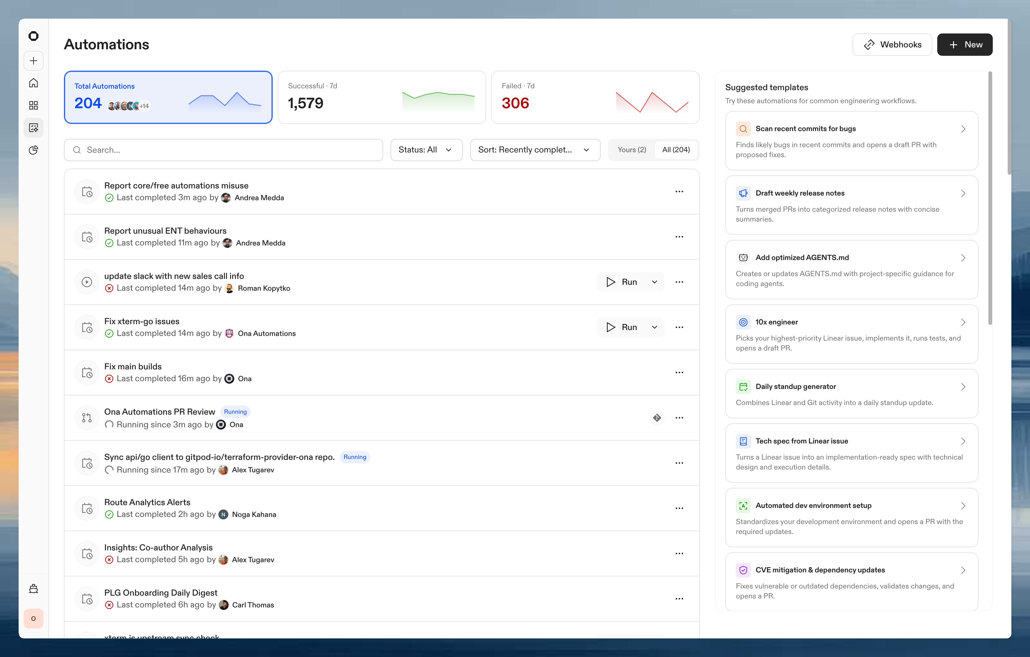 Ona automations overview showing recent runs, filters, and suggested automation templates
