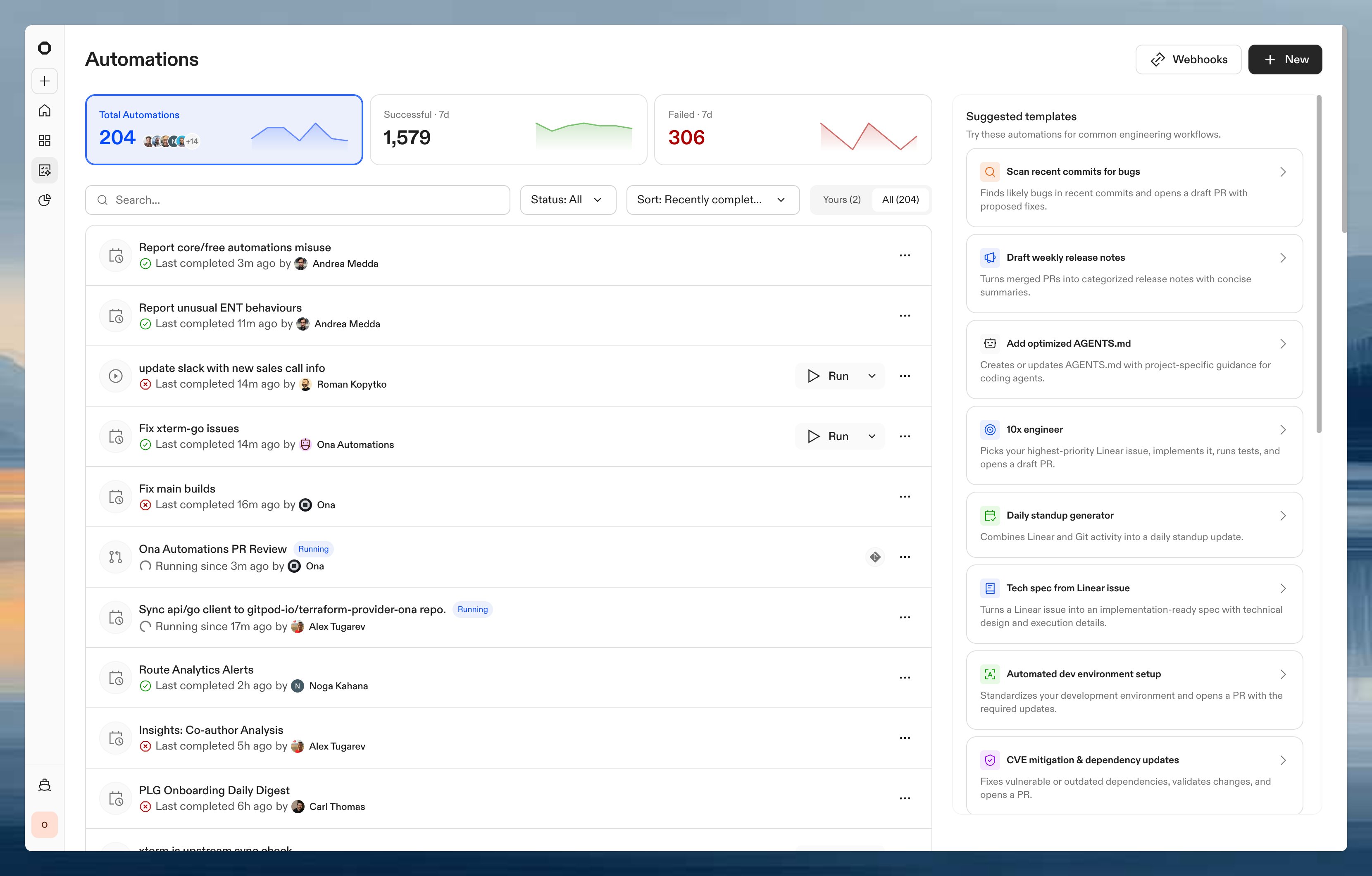 Ona automations overview showing recent runs, filters, and suggested automation templates