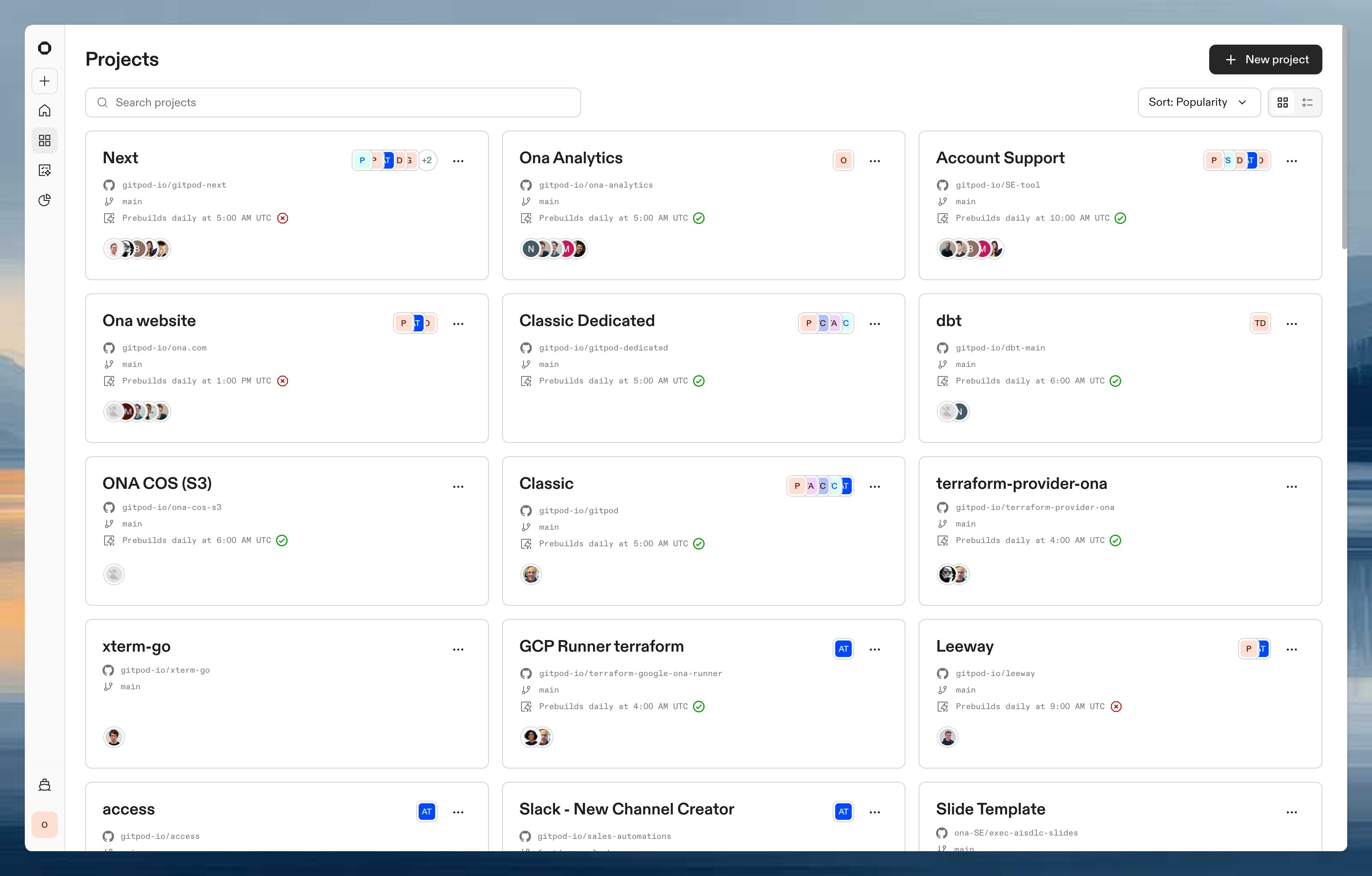 Ona projects page showing a grid of projects and a New project button