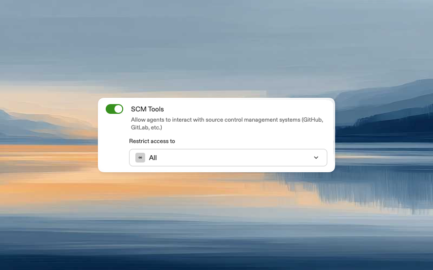 SCM tools settings showing options to enable for all members, specific groups, or disabled