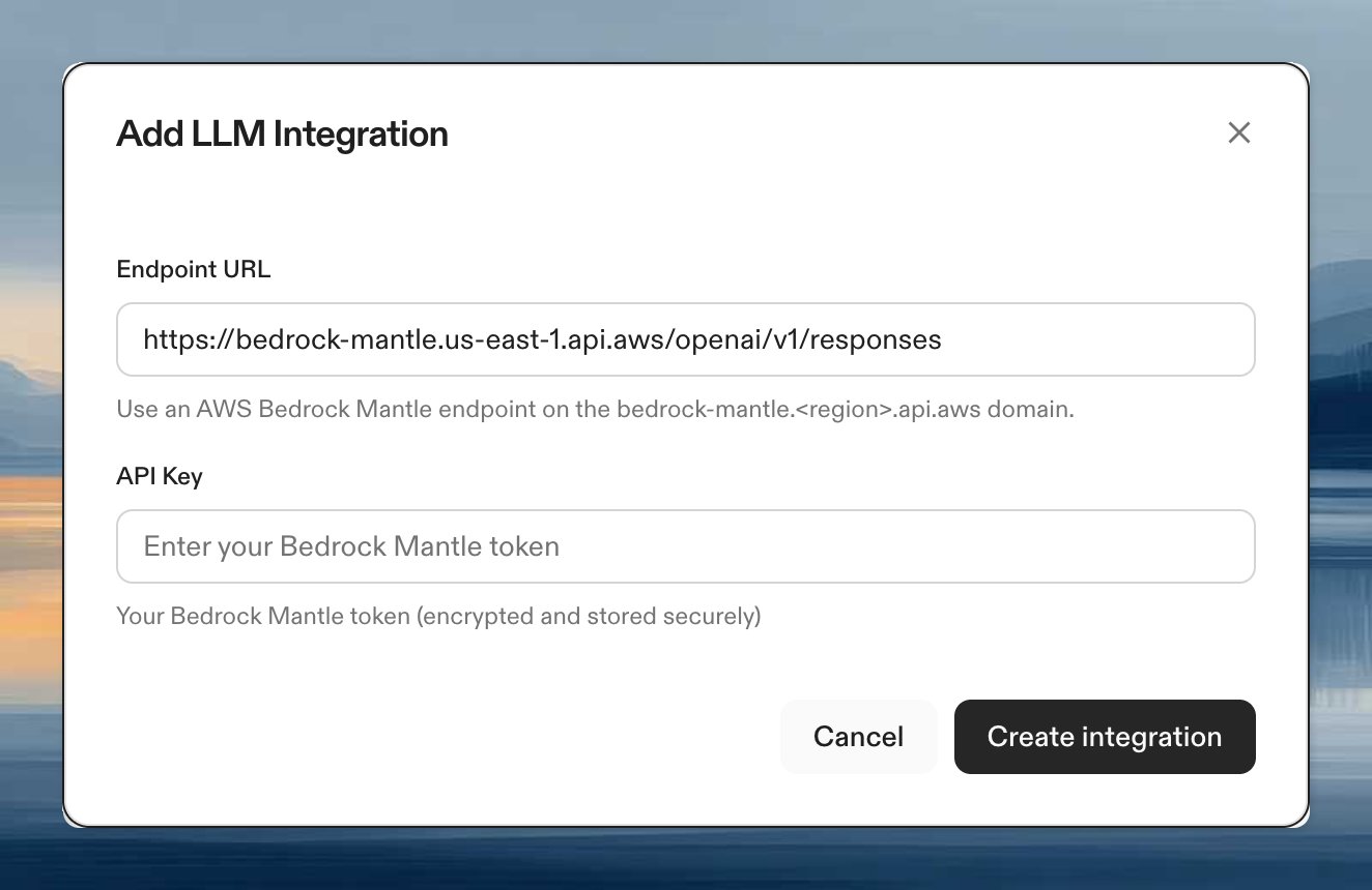 AWS Bedrock Mantle LLM integration form showing endpoint URL and API key fields