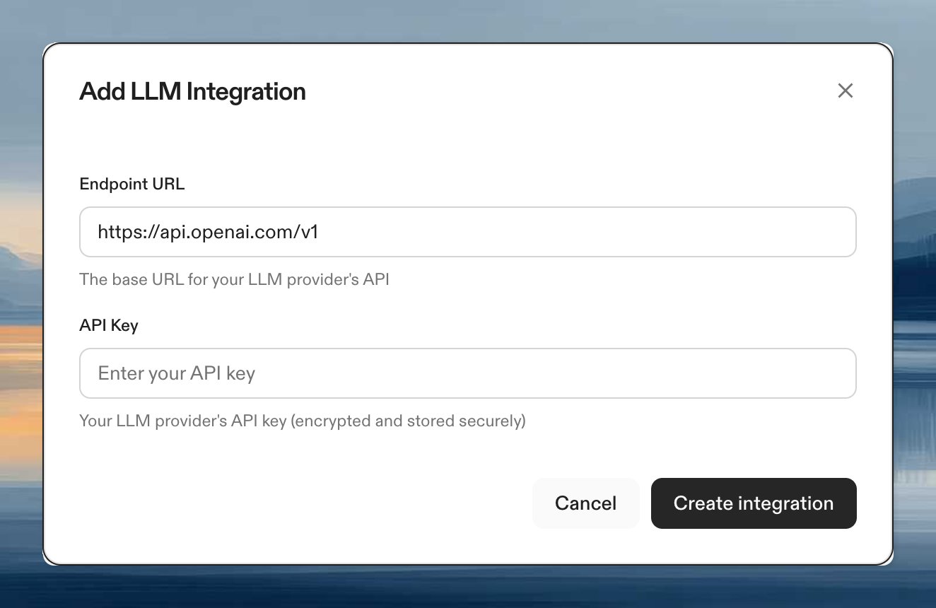 OpenAI LLM integration form showing endpoint URL and API key fields
