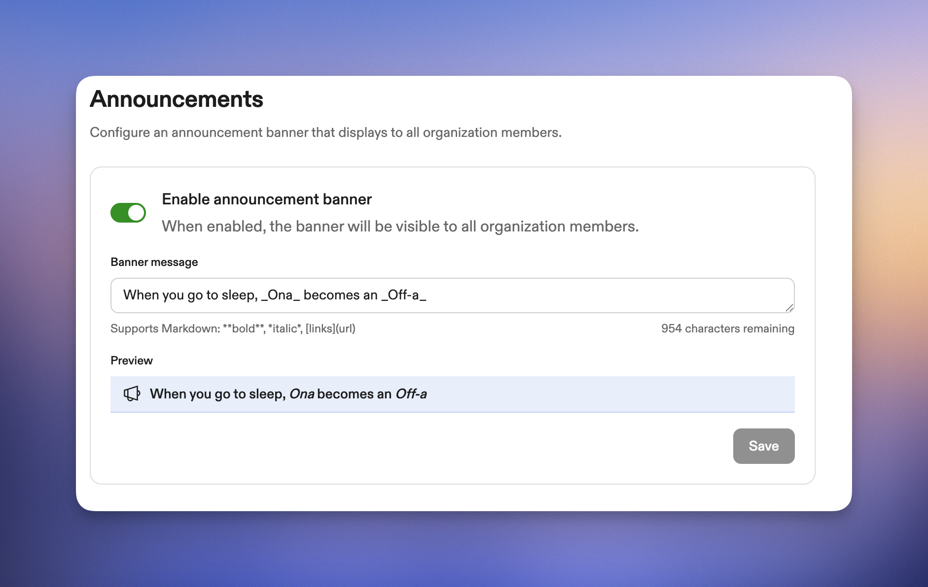 Banner message editor showing Markdown syntax and live preview