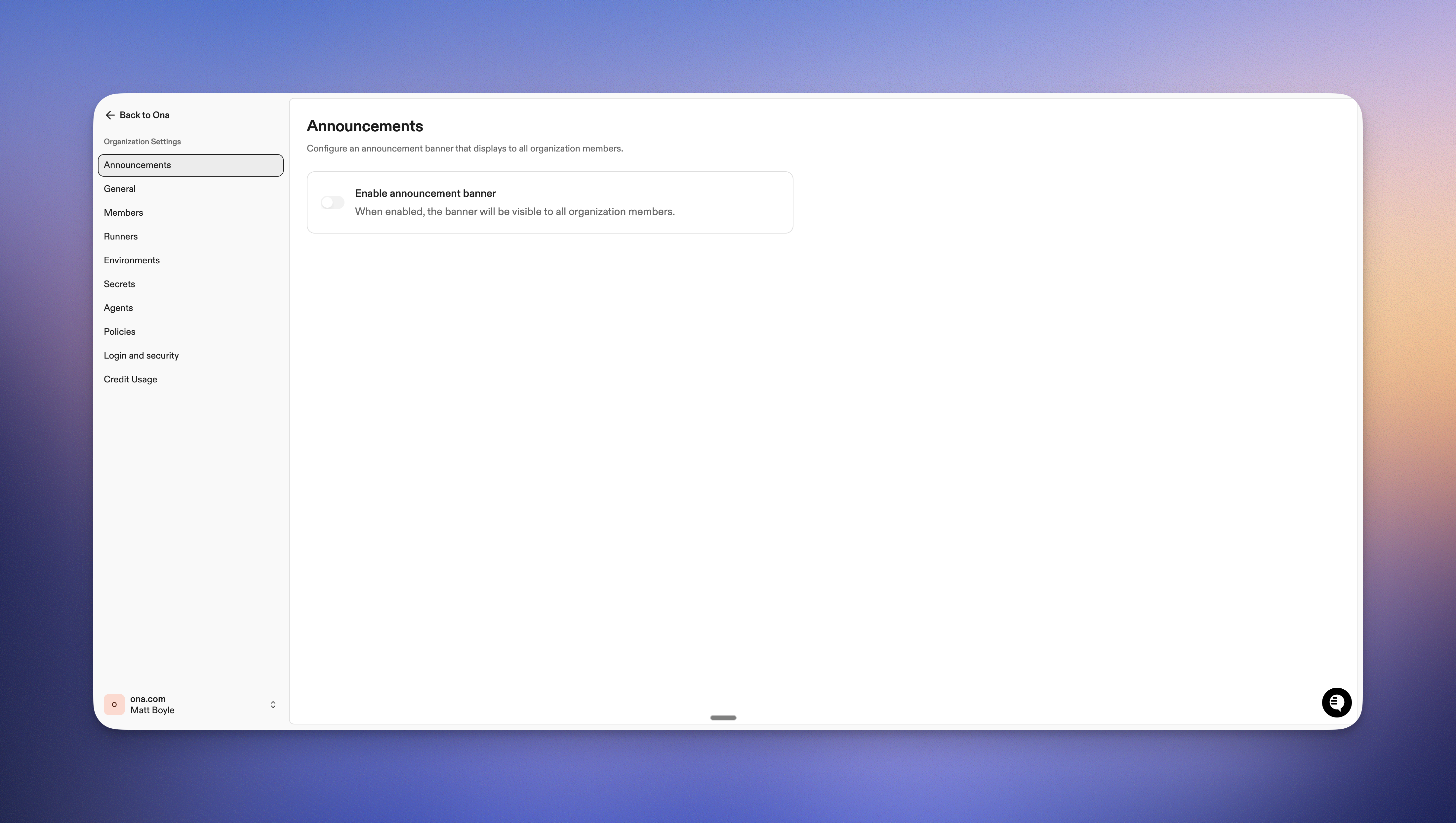 Announcement banner configuration page showing the enable toggle