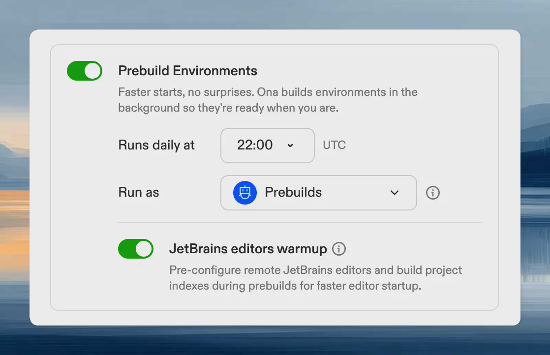 Prebuild configuration section showing the JetBrains warmup toggle