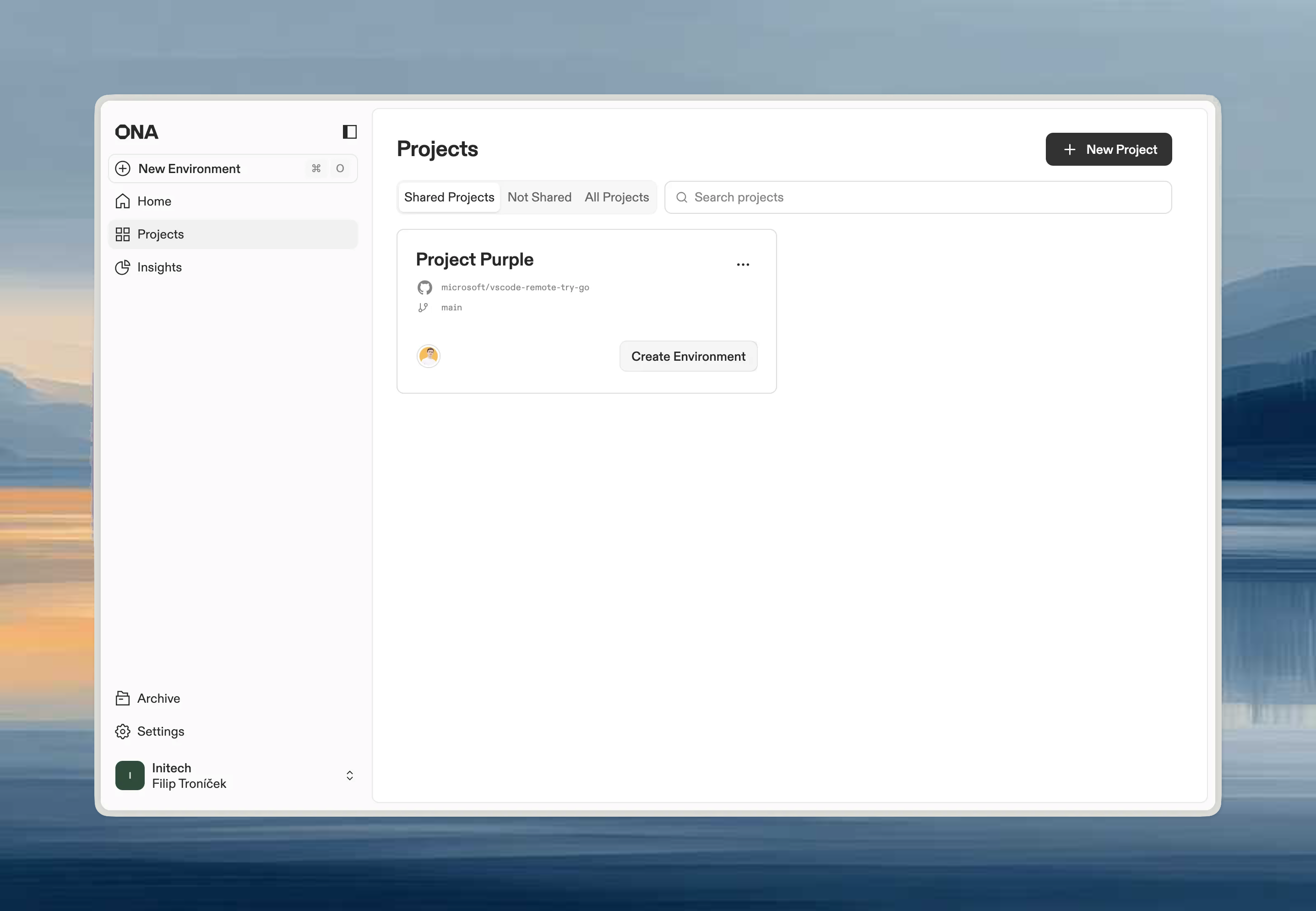 Project list showing New environment button to create an environment from a project