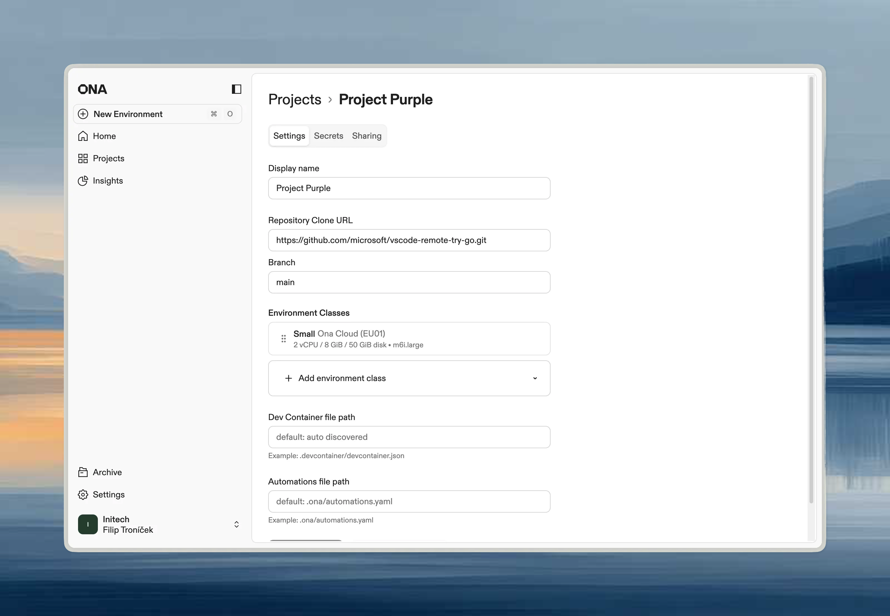Project configuration screen